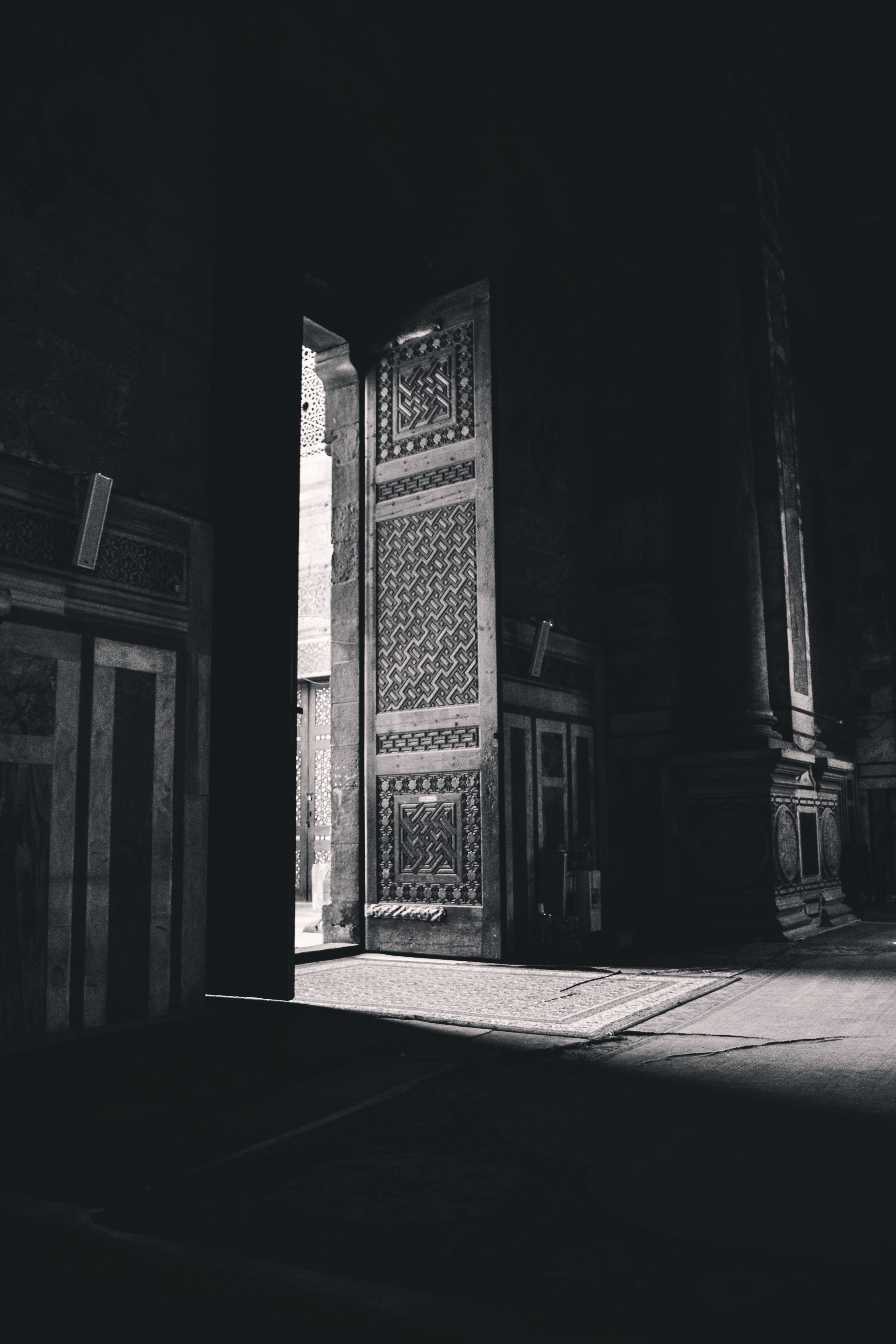 built structure, art, black, spot, doorway, building, Door, entrance, backdrop, place of worship, indoors, window, 4K, open, shadow, flooring, architecture, Phone HD Wallpaper