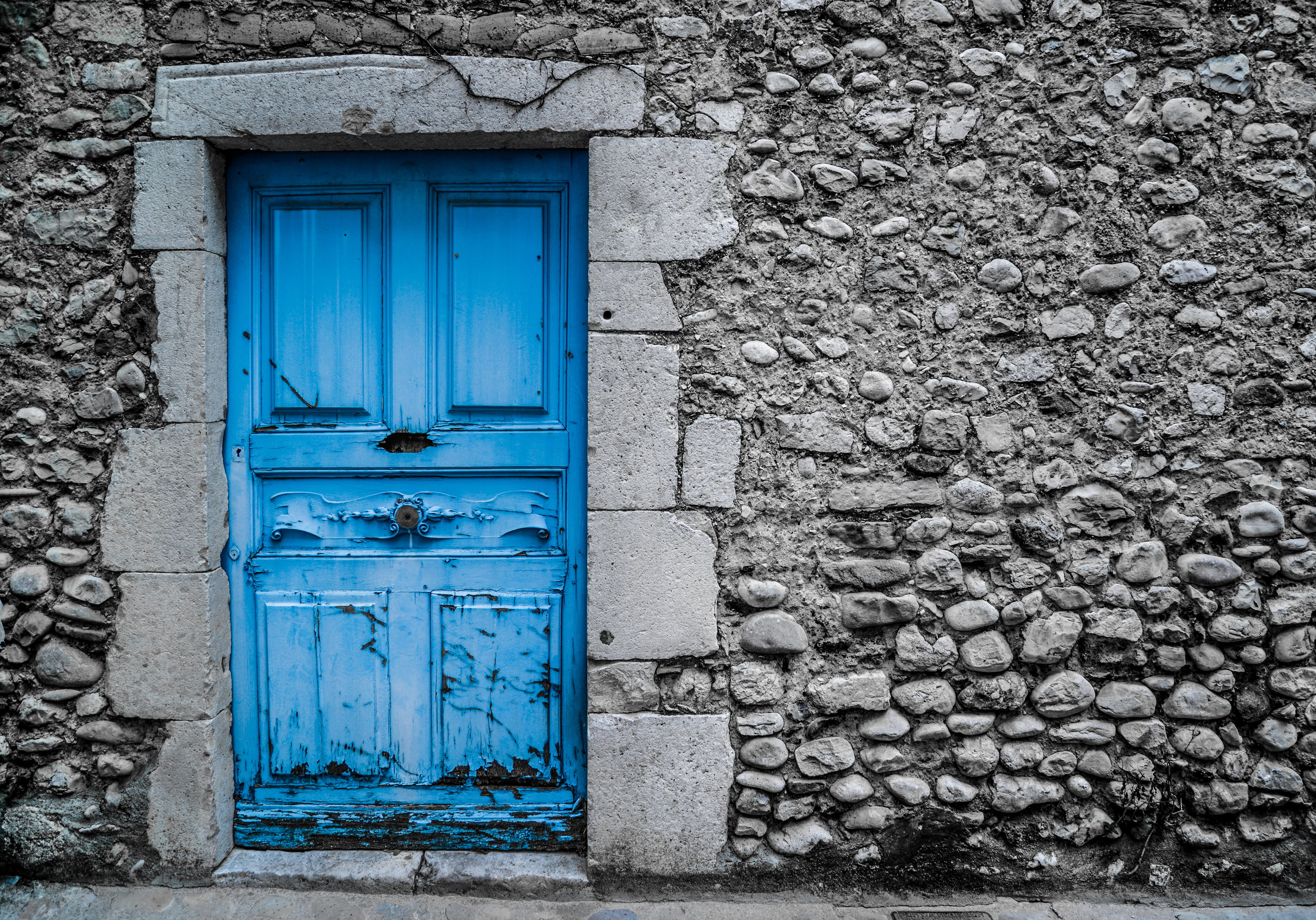 closed, safety, old, house, security, day, blue door, wall, close, protection, no people, outdoors, panel, window, vintage, paint, wood, wooden, residential district, HD Wallpaper