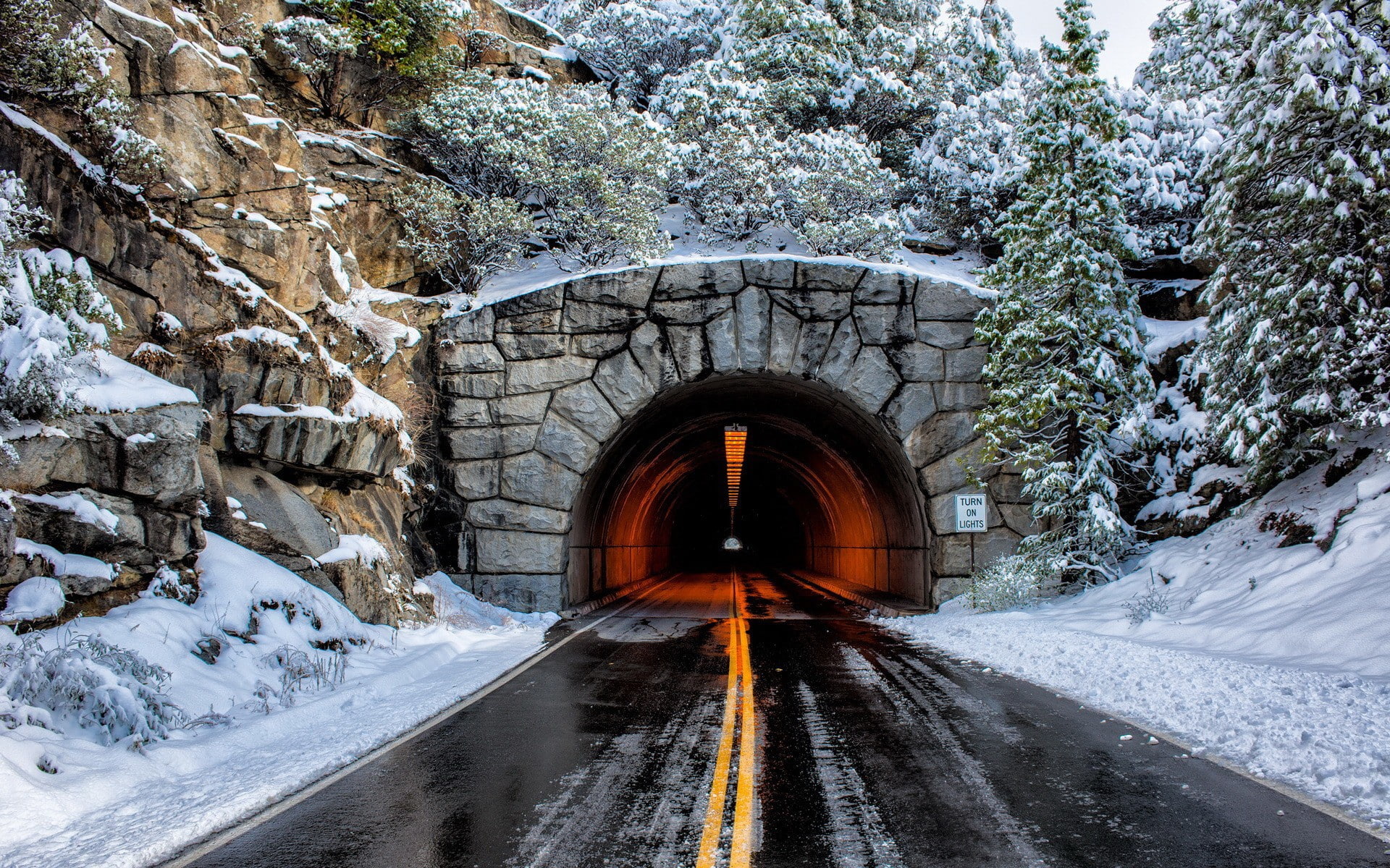 1080P, road, tunnel, trees, snow, road sign, winter, pine trees, rocks, ice, HD Wallpaper