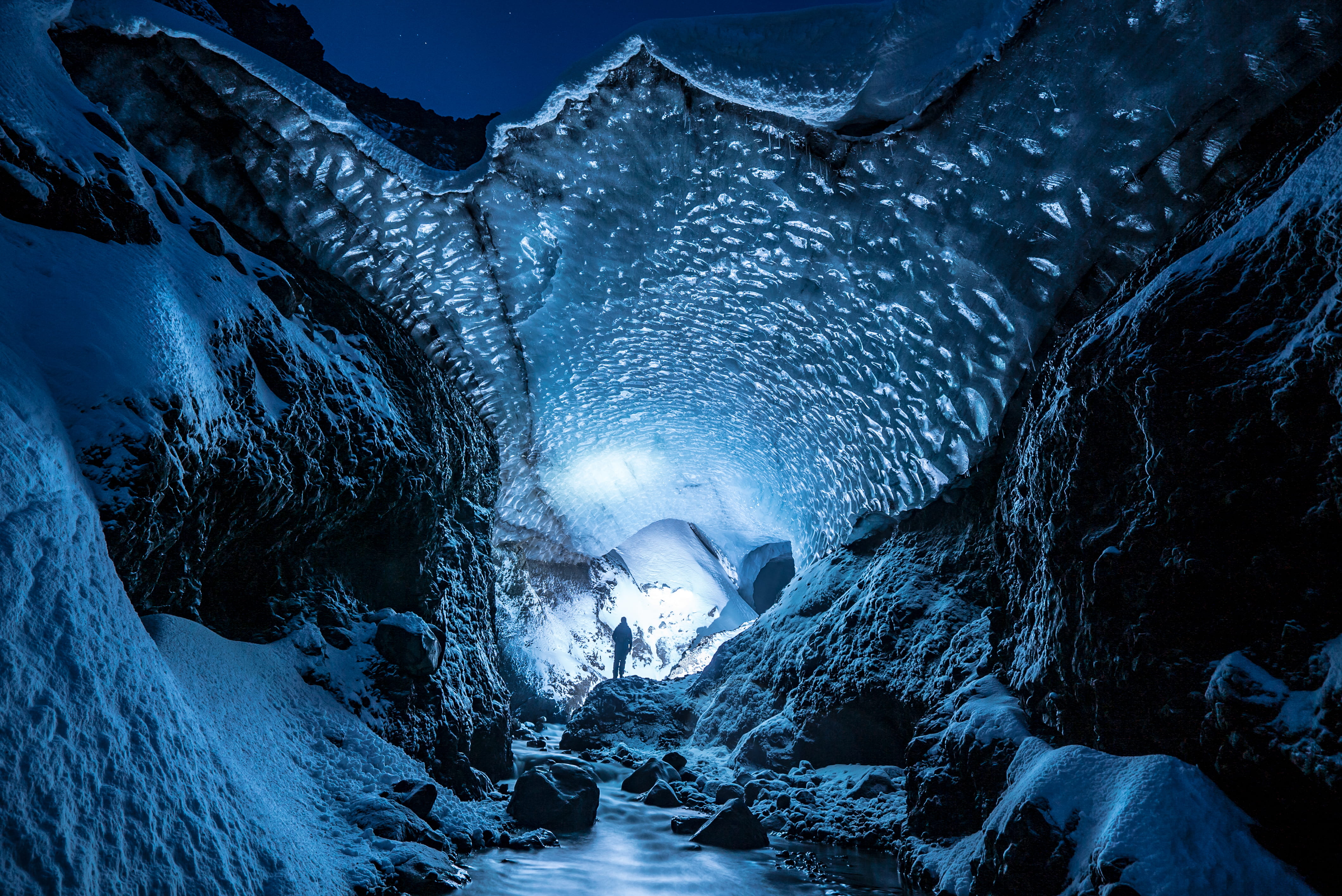 no people, beauty in nature, mountain, rock, nature, winter, cave, torchlight, cold, alone, standing, 4K, frozen, ice cave, tunnel, torch, white, solitude, HD Wallpaper
