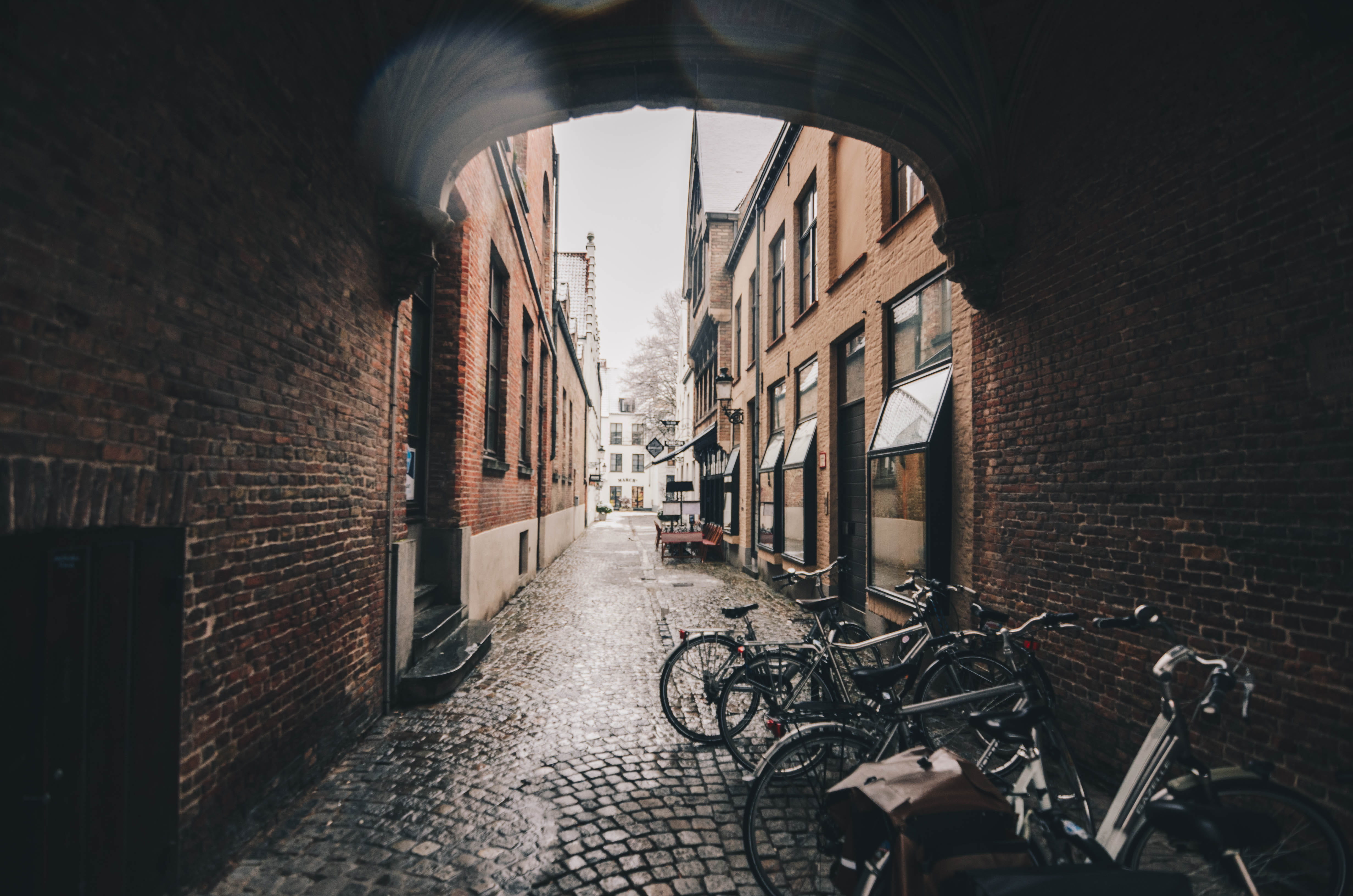 machine, wall, brick, walkway, bike, the way forward, sidewalk, brick wall, path, winter, bicycle, bikes, europe, arch, outdoors, snow, 4K, vehicle, architecture, HD Wallpaper