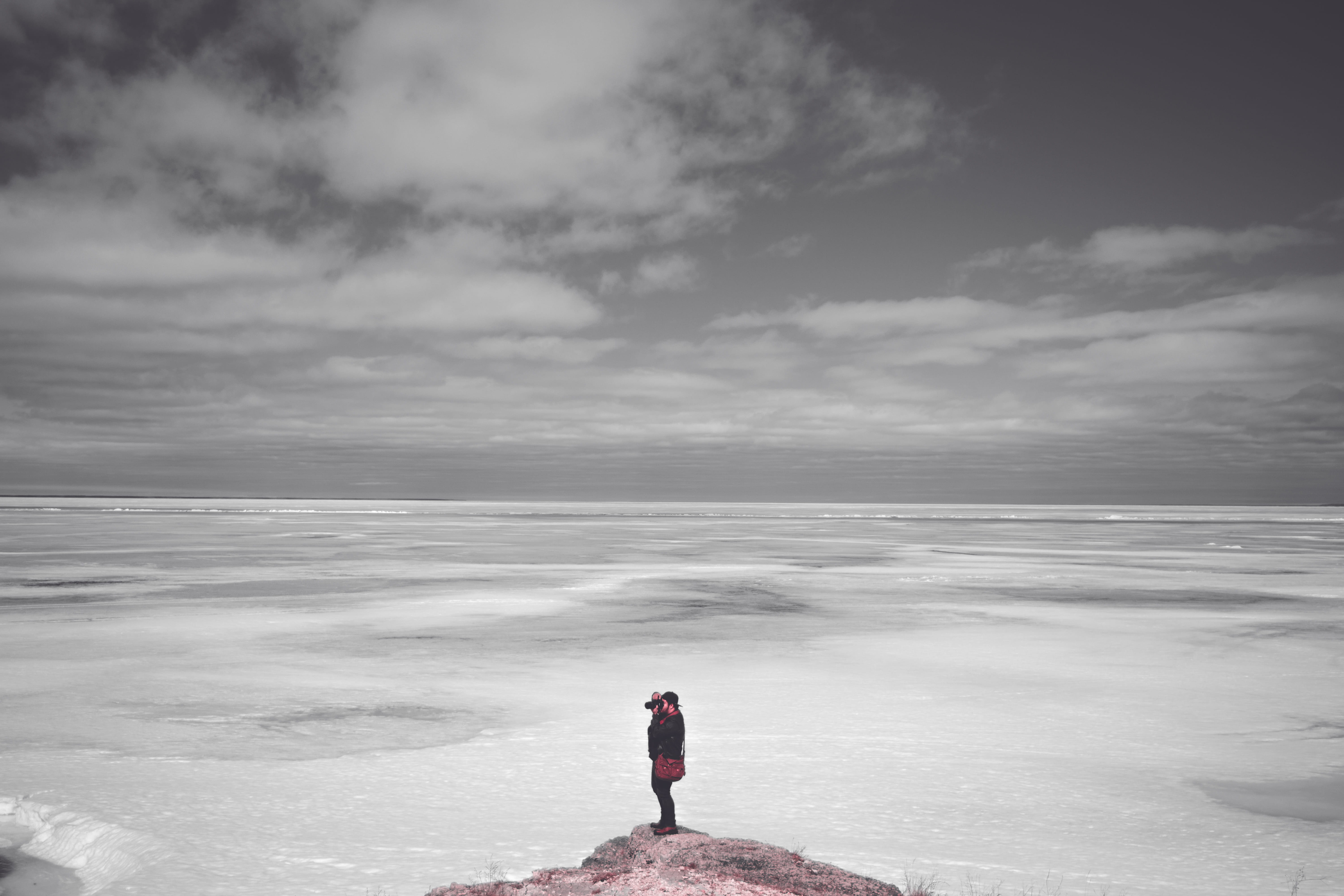 portrait, lake, remote, trip, sky, white, nature, snow, day, water, view, non-urban scene, perspective, scenics - nature, one person, land, beauty in nature, HD Wallpaper