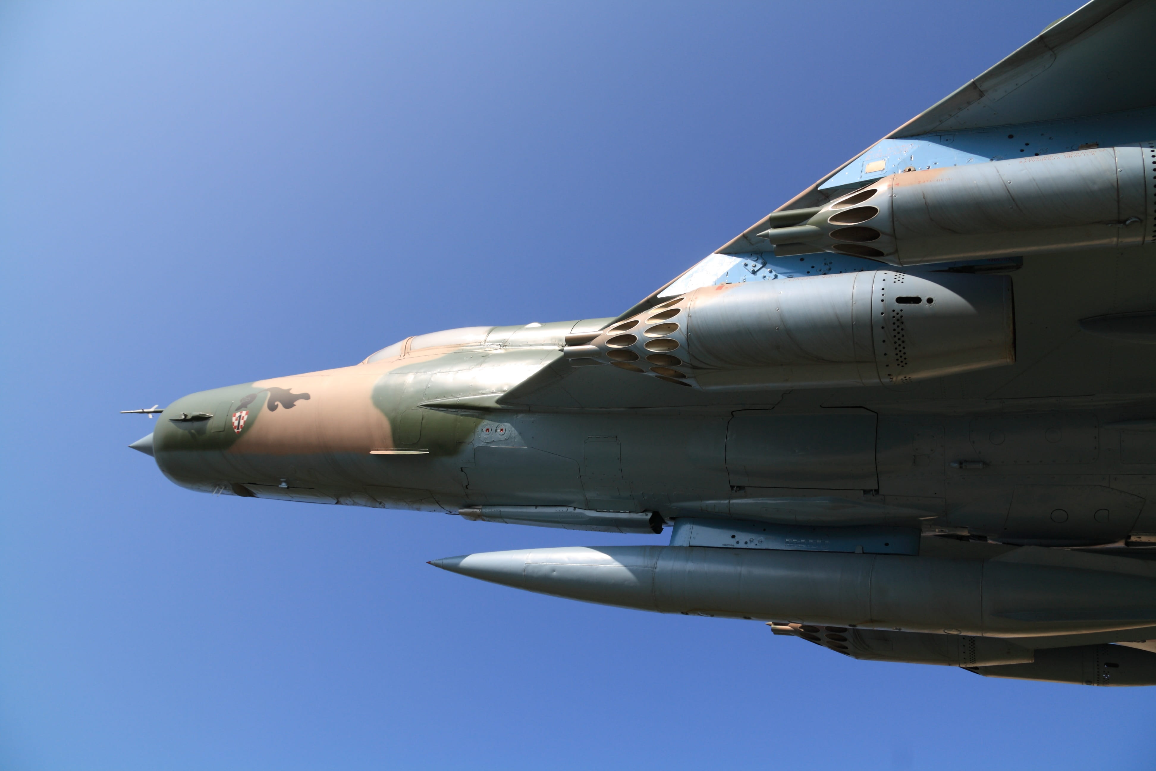 rocket pod, blue, directly below, jet, ub-32, aircraft, mode of transportation, soviet, fighter plane, low angle view, no people, government, russian, copy space, HD Wallpaper