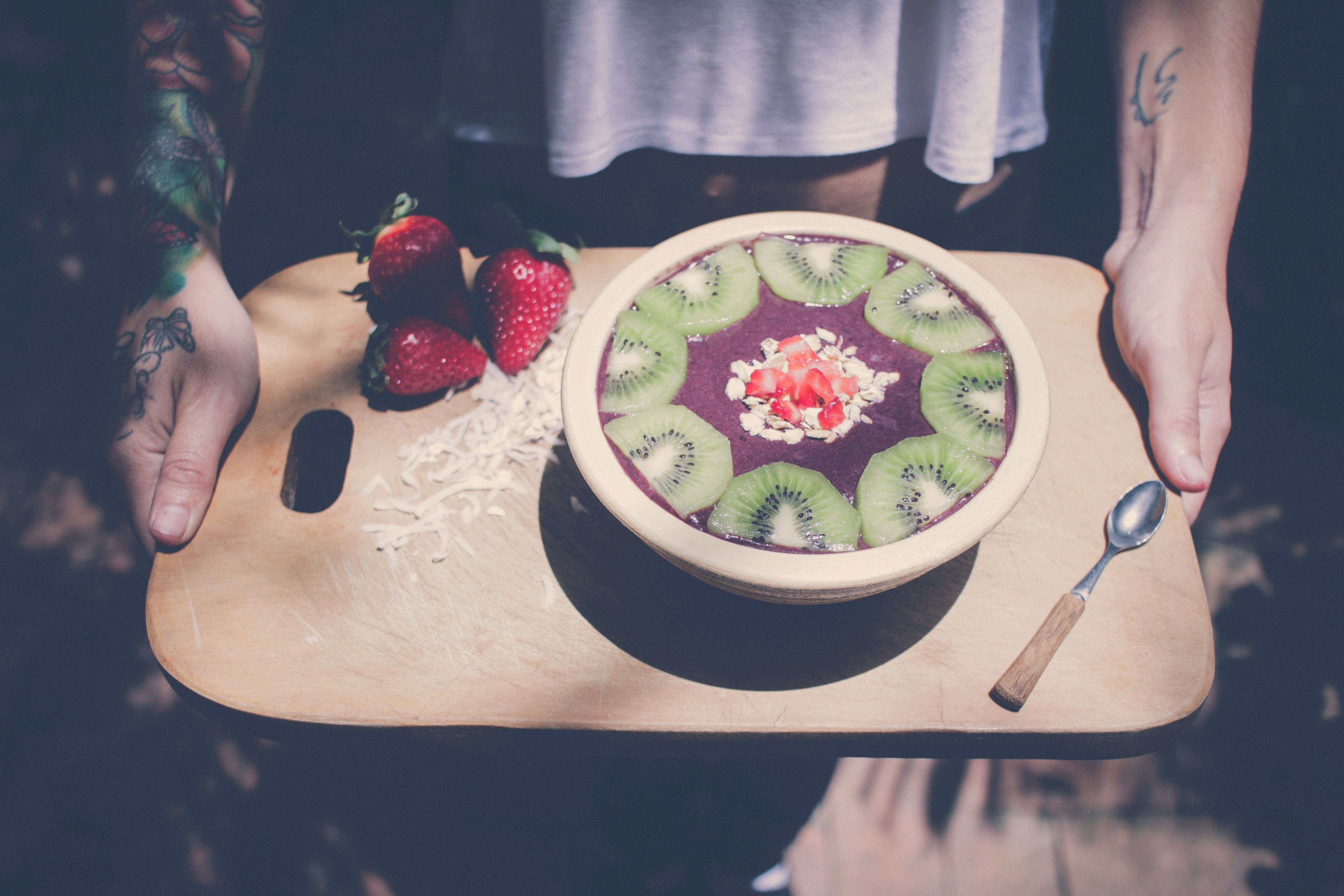 human body part, human hand, salad, lifestyles, freshness, one person, high angle view, healthy eating, desserts, spoon, 5K, kiwi, wellbeing, food, hand, HD Wallpaper