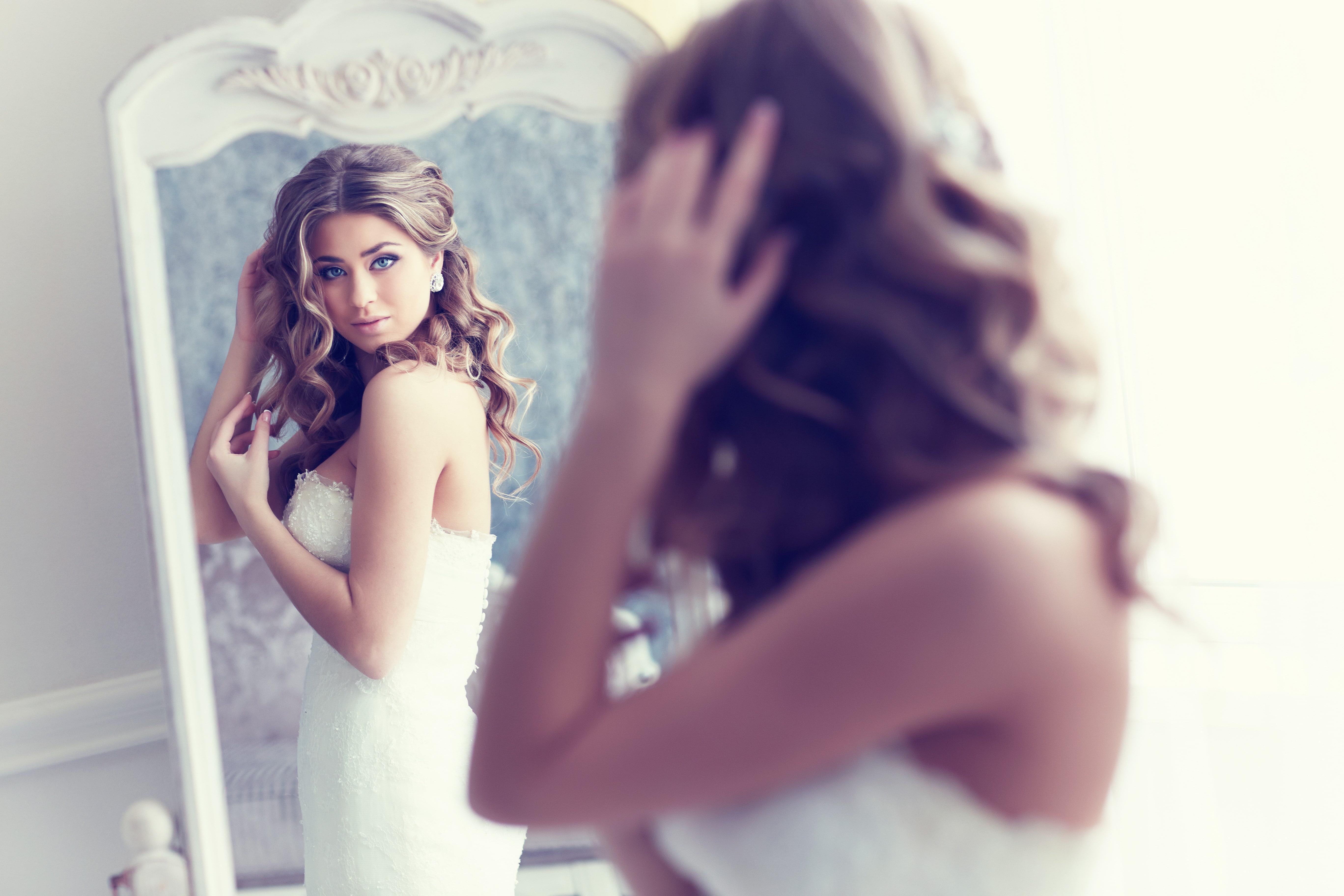 5K, brunette, wedding dress, women, blue eyes, brides, HD Wallpaper