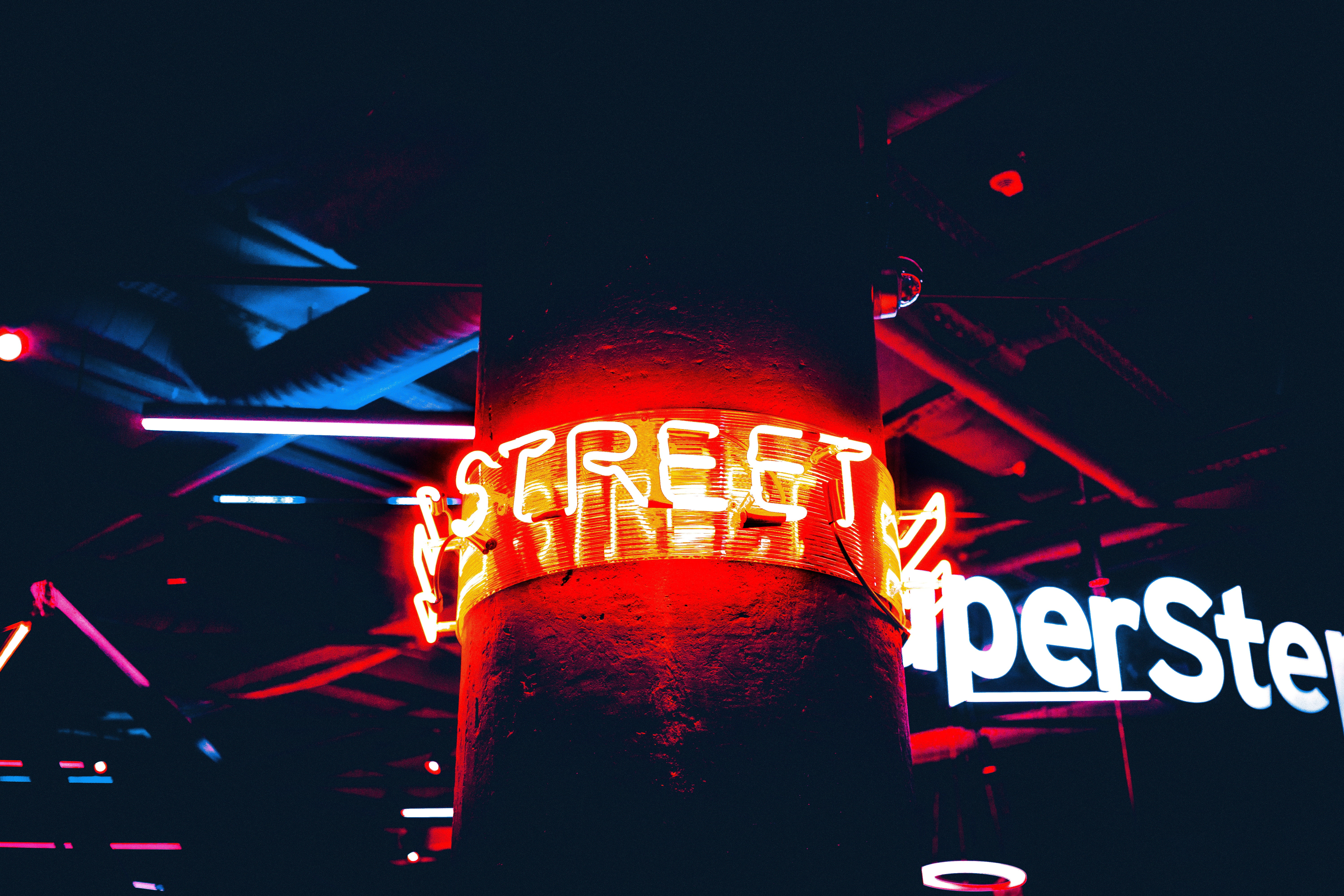transportation, red, text, backlight, capital letter, communication, street, 5K, nightclub, inscription, city life, neon Light, pillar, city, road, no people, HD Wallpaper