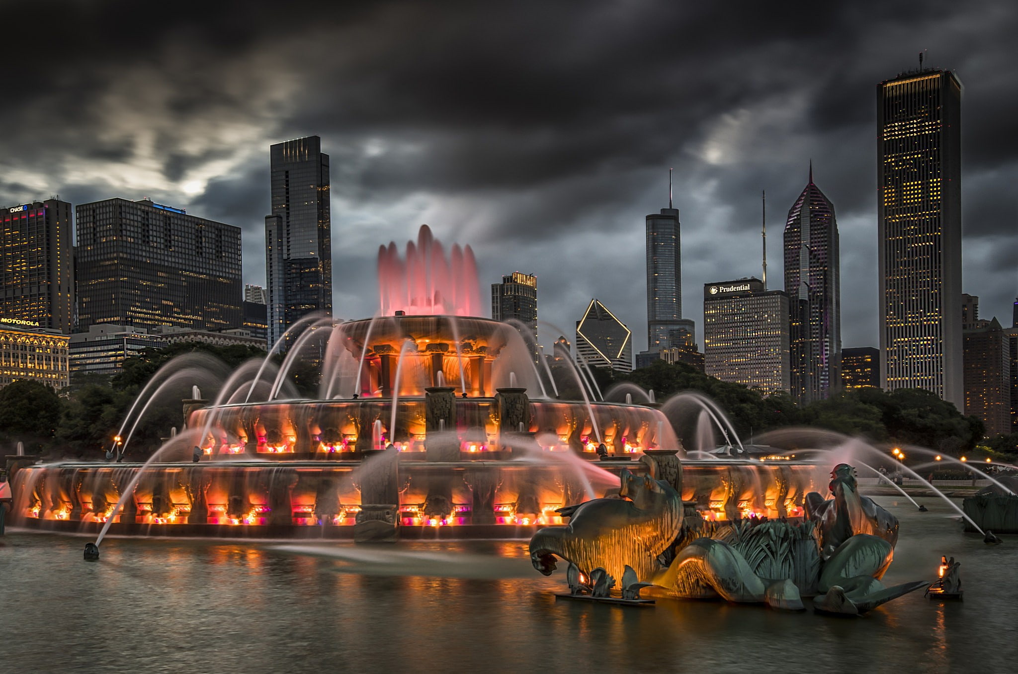 fountain, backlight, Chicago, USA, 1080P, Buckingham Fountain, HD Wallpaper