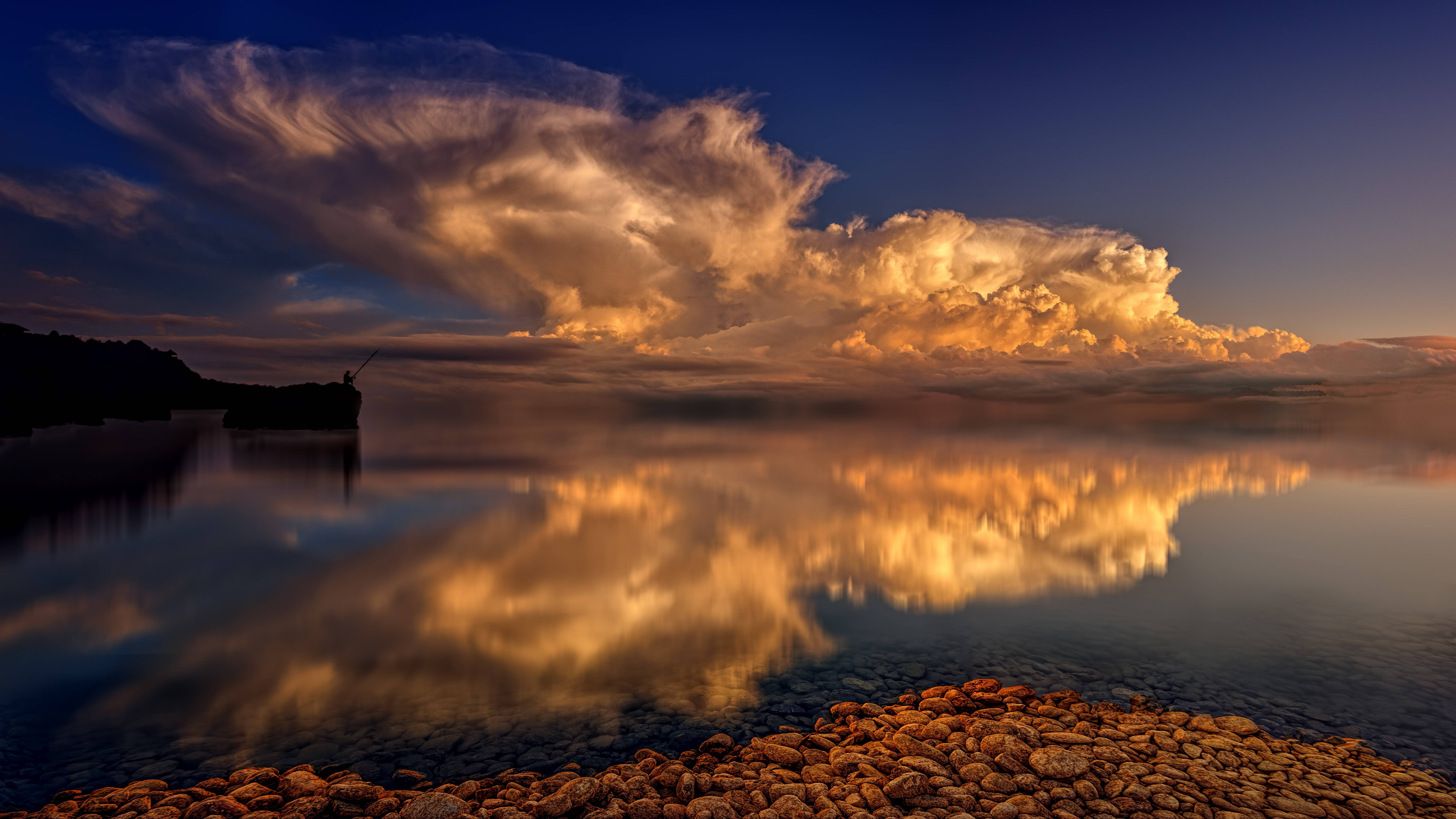 reflection, water, backlighting, outdoors, idyllic, mirroring, beach, tranquility, no people, sea, evening, clouds, cloud - sky, sunset, nature, non-urban scene, HD Wallpaper