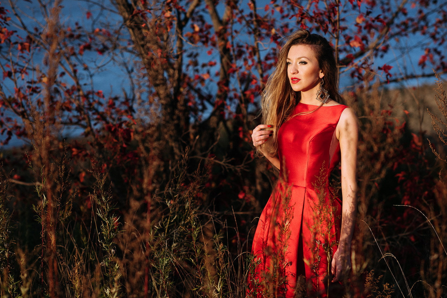 red dress, dress, teenager, beautiful woman, women, beauty, adult, standing, 500px, 720P, land, plant, one person, three quarter length, hairstyle, model, HD Wallpaper