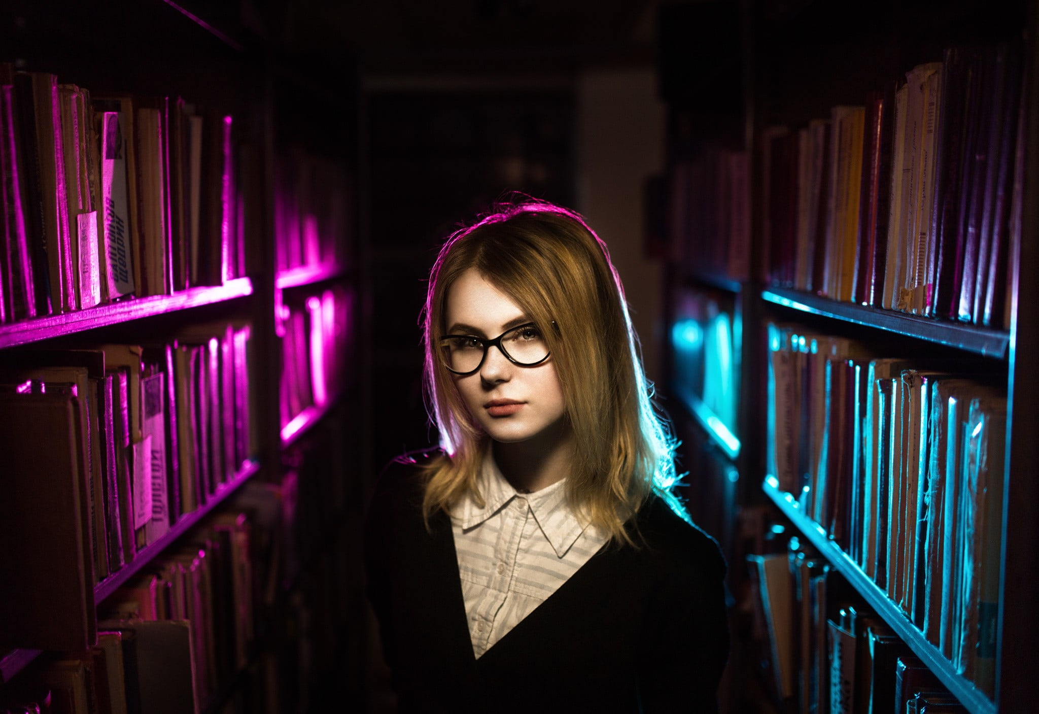 headshot, young women, beautiful woman, hair, adult, hairstyle, education, 1080P, young adult, glasses, library, book, women, bookshelf, eyeglasses, beauty, HD Wallpaper