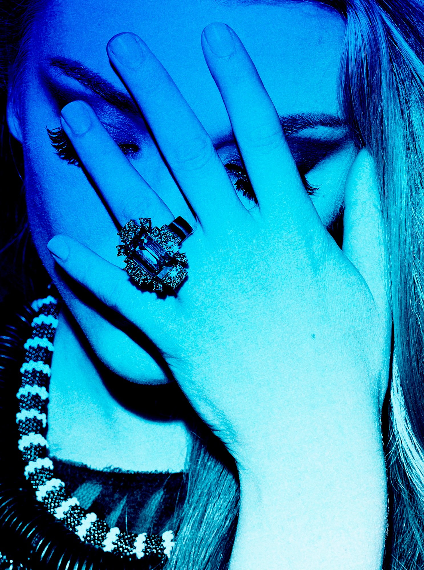 monochrome, women, actress, closed eyes, Natalie Dormer, blue, covered face, 1080P, Phone HD Wallpaper