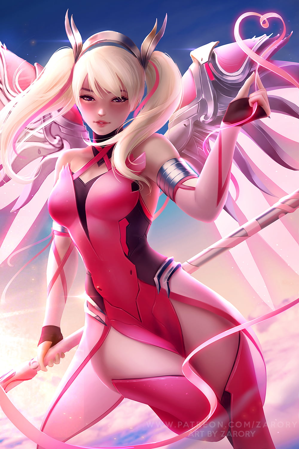 720P, pink, Mercy, women, weapon, pink clothing, Zarory, blonde, Heart (Design), pigtails, flying, sky, wings, Overwatch, drawing, Phone HD Wallpaper