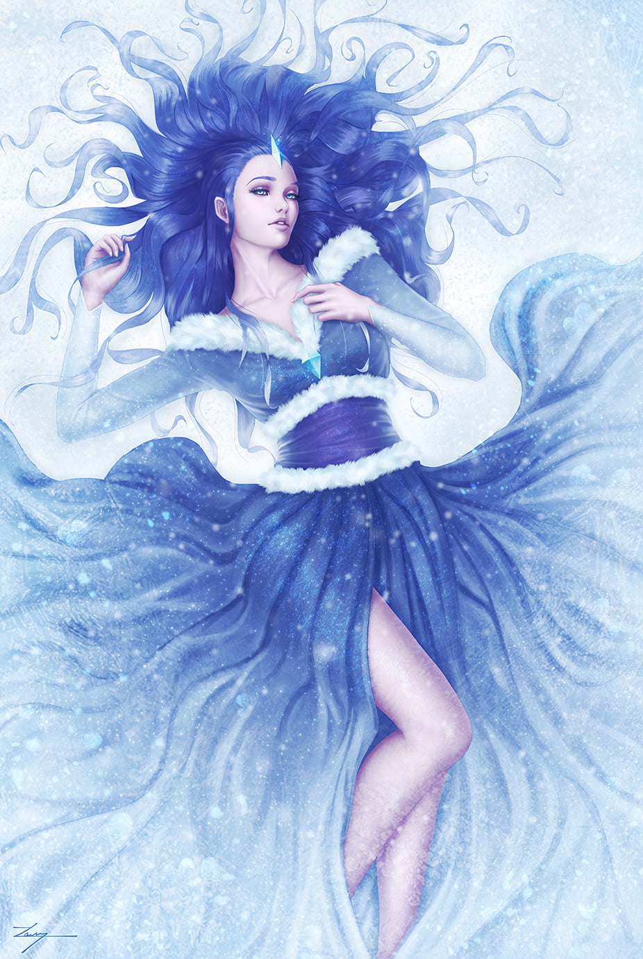 720P, long hair, dark hair, women, Zarory, top view, snowing, drawing, snow, dress, lying on back, ice, Phone HD Wallpaper