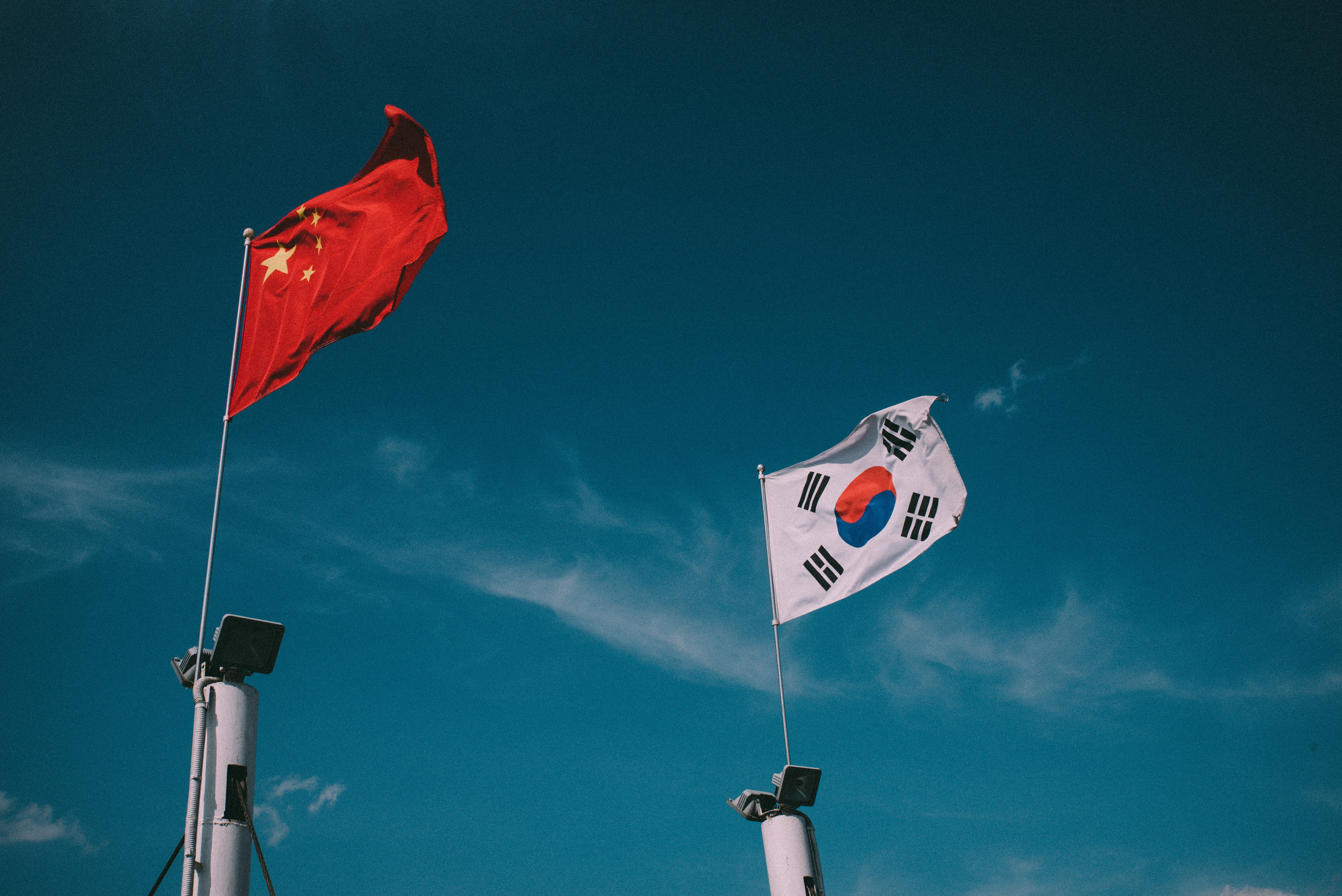 sky, nature, flag, korea, patriotism, cloud - sky, hand, human body part, wind, country, china, holding, outdoors, people, south, red, pole, day, low angle view, HD Wallpaper
