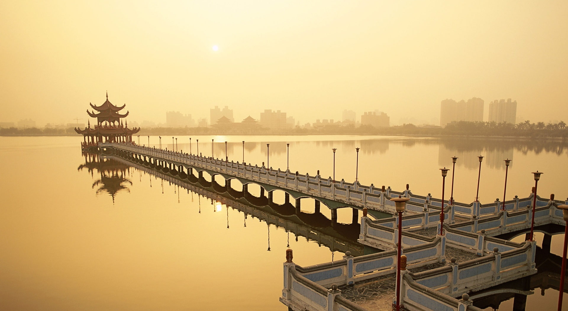 cityscape, beauty in nature, pond, nature, building, sunset, connection, sky, bridge, Kaohsiung, outdoors, no people, transportation, travel destinations, HD Wallpaper