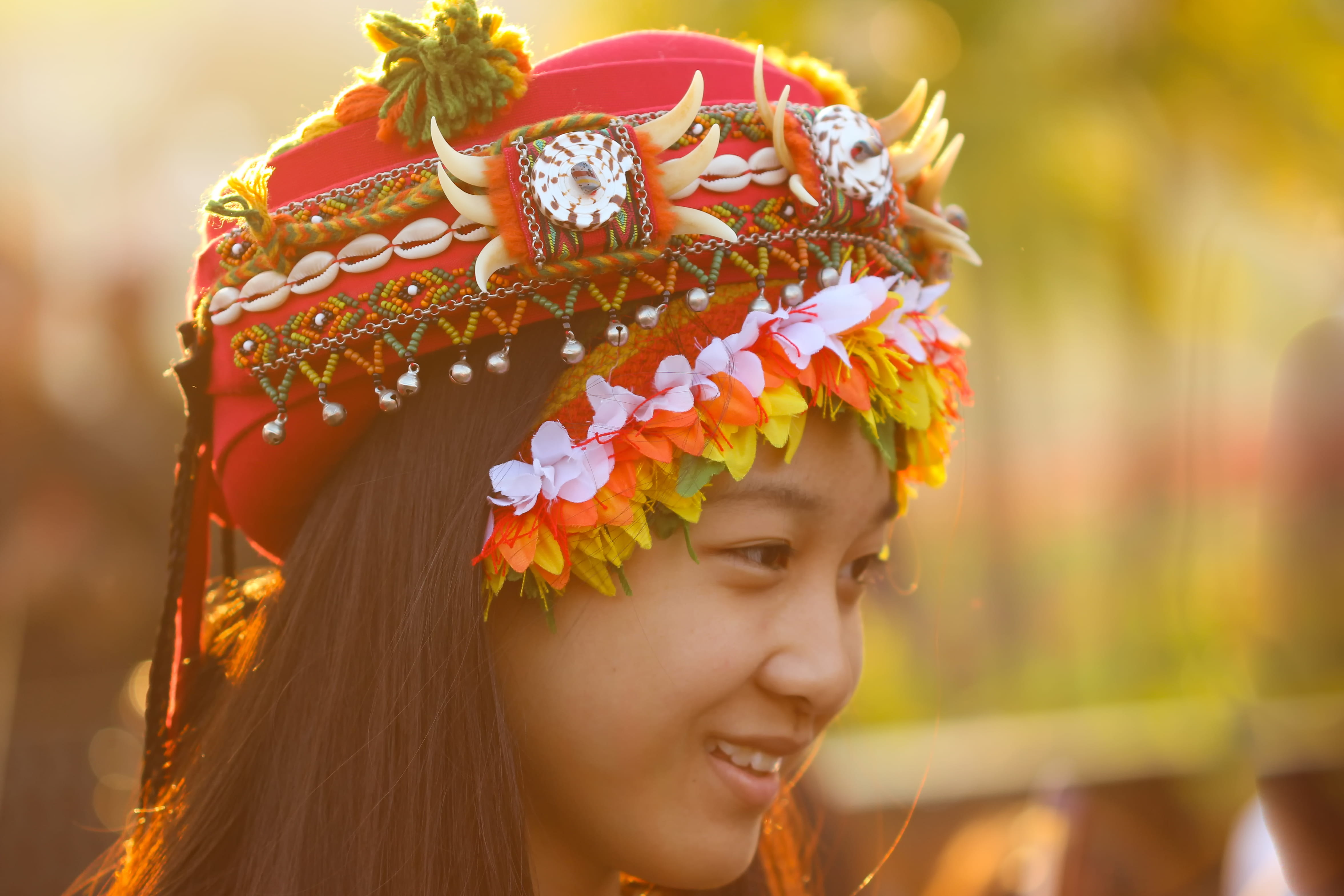 headdress, flowering plant, smile, taiwan, culture, asia, lady, female, young women, hat, traditional clothing, headwear, s, tribal, hair, close-up, focus on foreground, HD Wallpaper