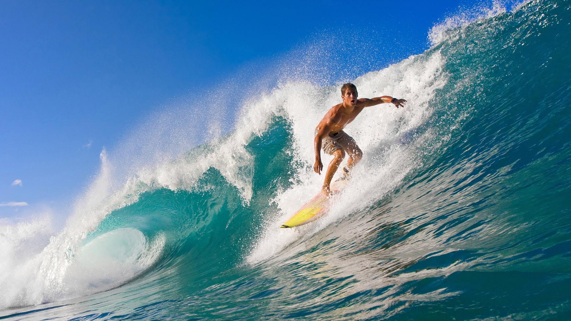 sea, 1080P, wave, surfing, foam, big wave, yellow board, hd, water, HD Wallpaper