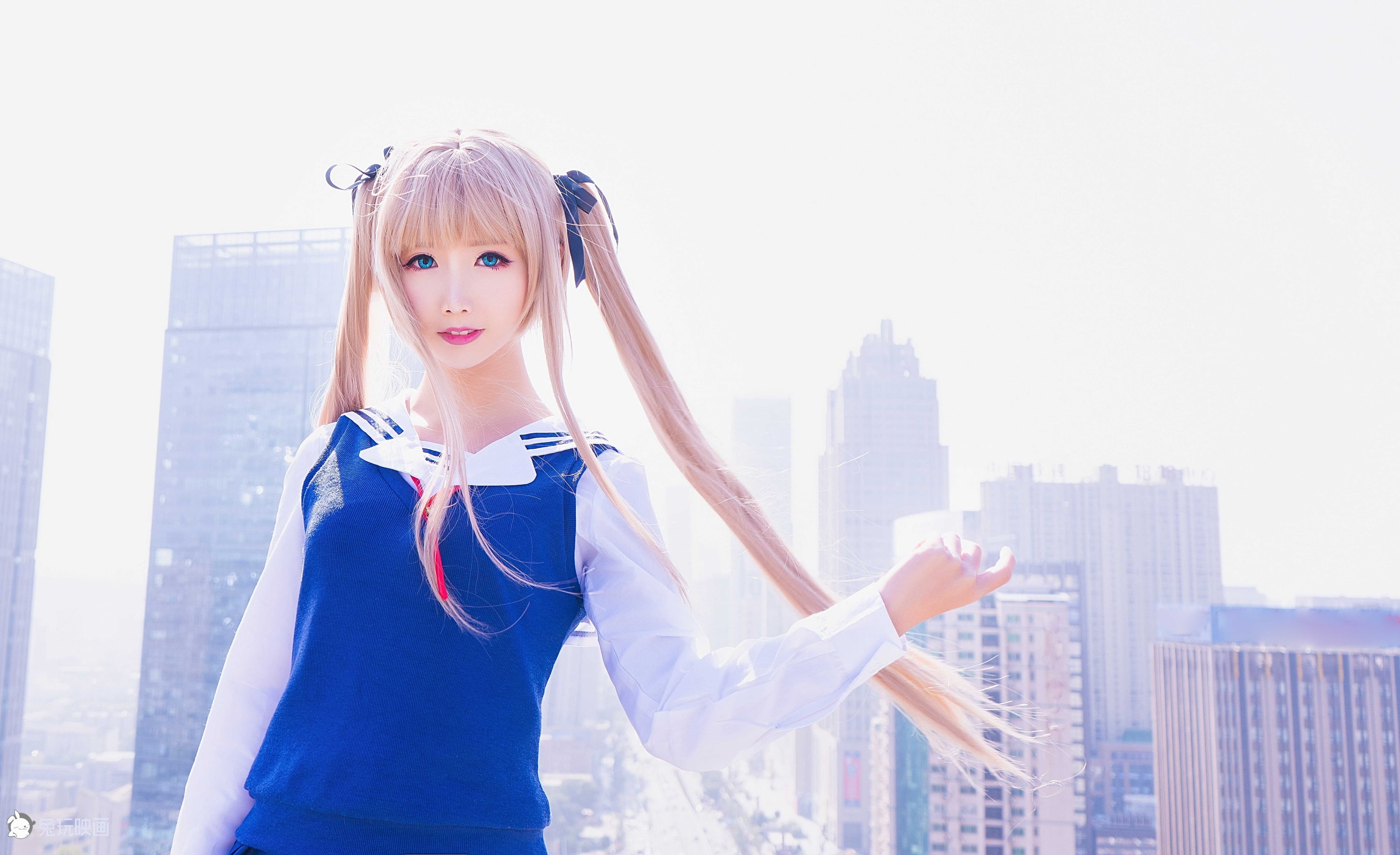 twintails, cosplay, sailor uniform, women, outdoors, looking at viewer, anime, pink lipstick, schoolgirl, blonde, Saenai Heroine no Sodatekata, blue clothing, HD Wallpaper