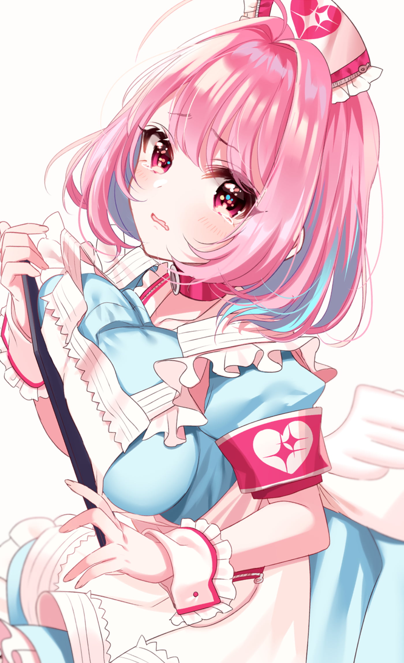 anime, short hair, vertical, 1080P, pink hair, nurse outfit, anime girls, portrait display, necklace, Phone HD Wallpaper
