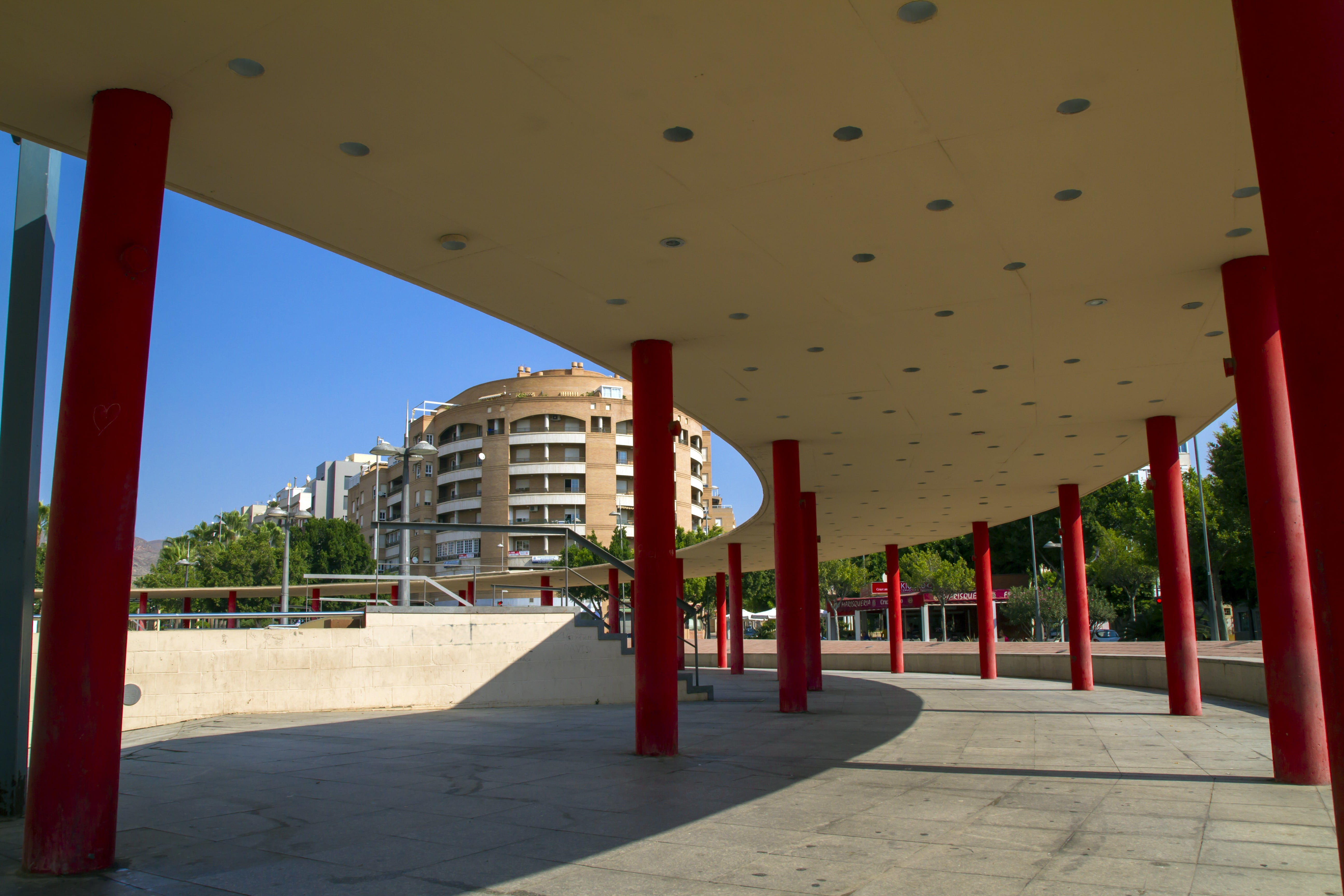 shadow, colonnade, direction, rambla, footpath, building, city, residential district, the way forward, almeria, nature, built structure, arcade, red, sky, HD Wallpaper