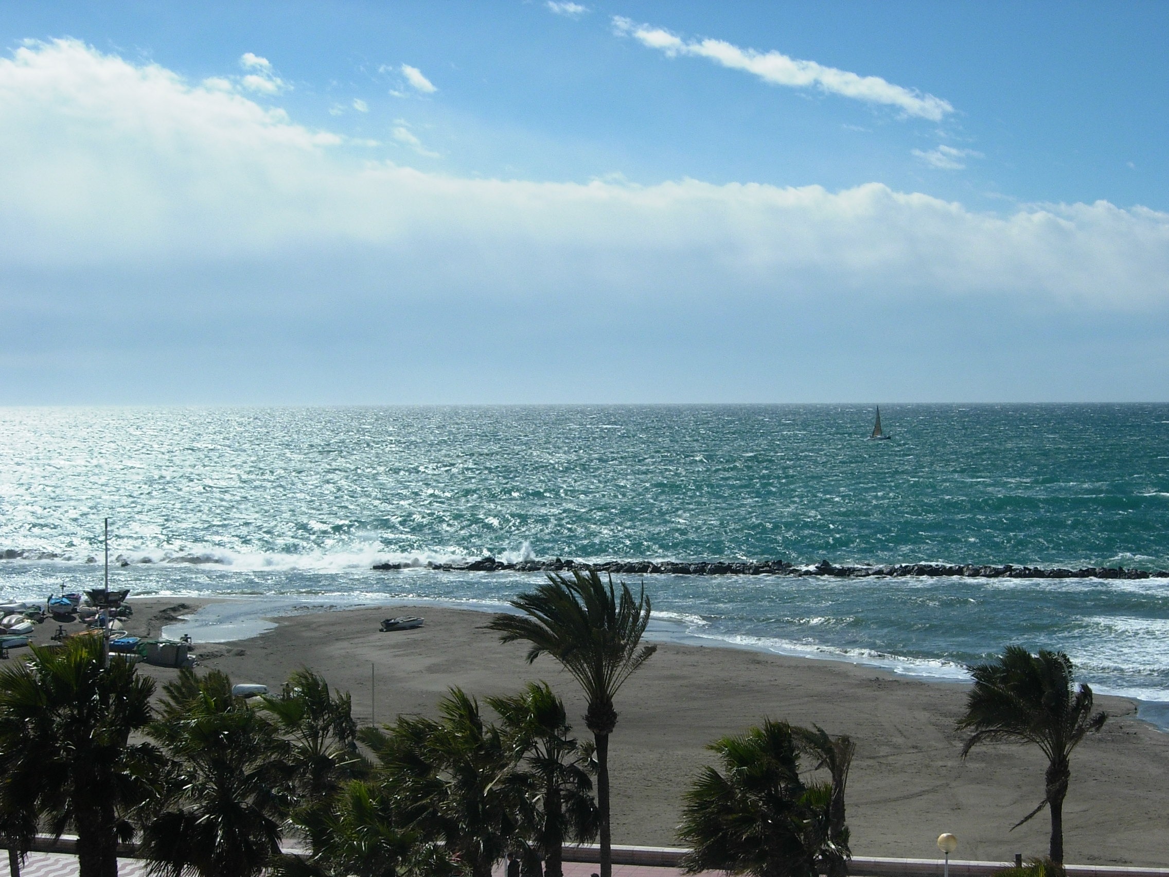 no people, sea, land, sky, palm tree, tree, 1080P, outdoors, nature, almeria, cloud - sky, zapillo, scenics - nature, beach, costa, tranquil scene, beauty in nature, HD Wallpaper