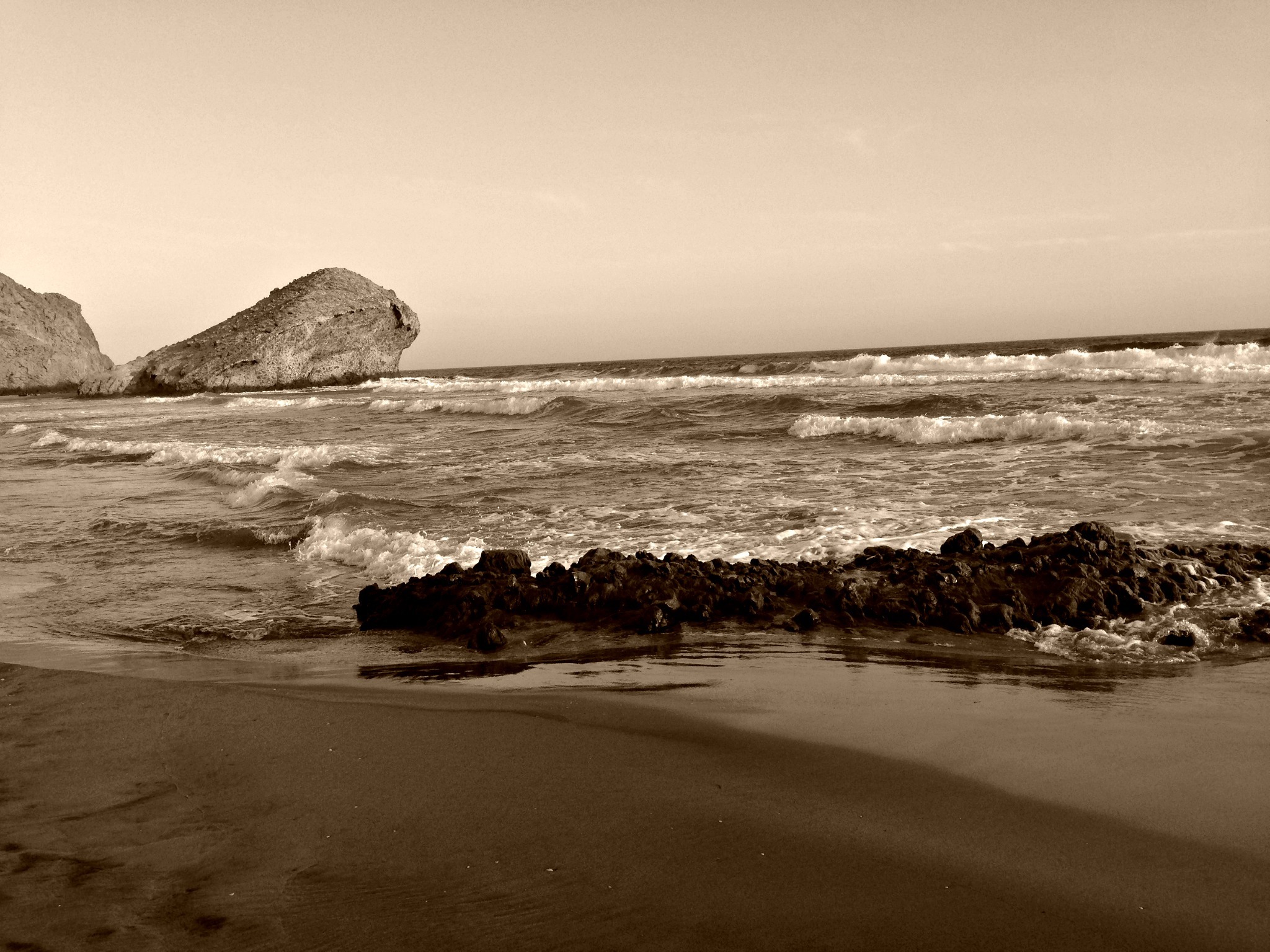 horizon, black And White, rock - Object, beach, coastline, rock, solid, sea, sunset, water, tranquility, cabo de gata, motion, no people, sand, land, landscape, HD Wallpaper