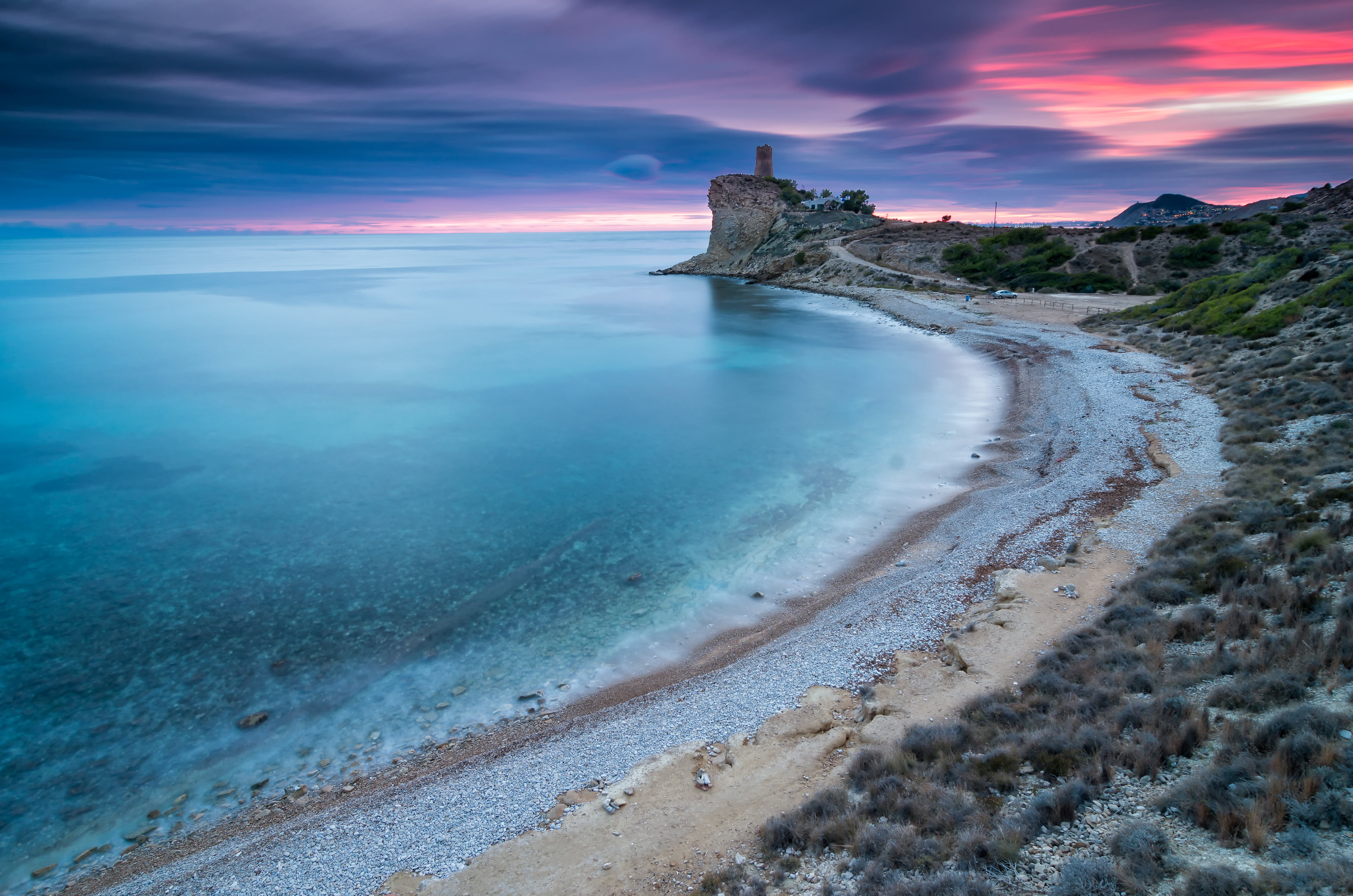 DA, landscape, Pentax K5 II, near, pillar, AL, F4, sea, pink, cyan  blue, clouds, Blue hour, tower, 4K, mar, SMC, Beach, ED, famous Place, coastline, HD Wallpaper