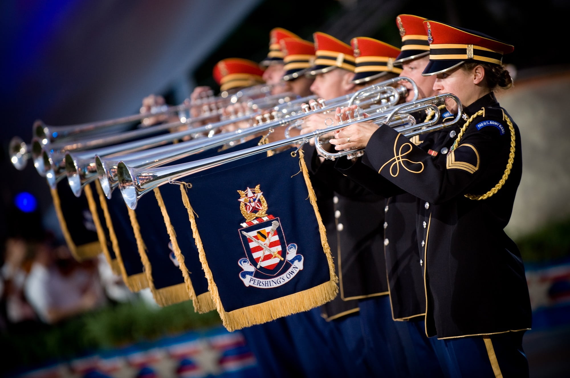 close-up, night, musician, brass, adults only, soldiers, uniform, using, uniforms, blue, musical equipment, stage, celebration, stage - performance space, HD Wallpaper