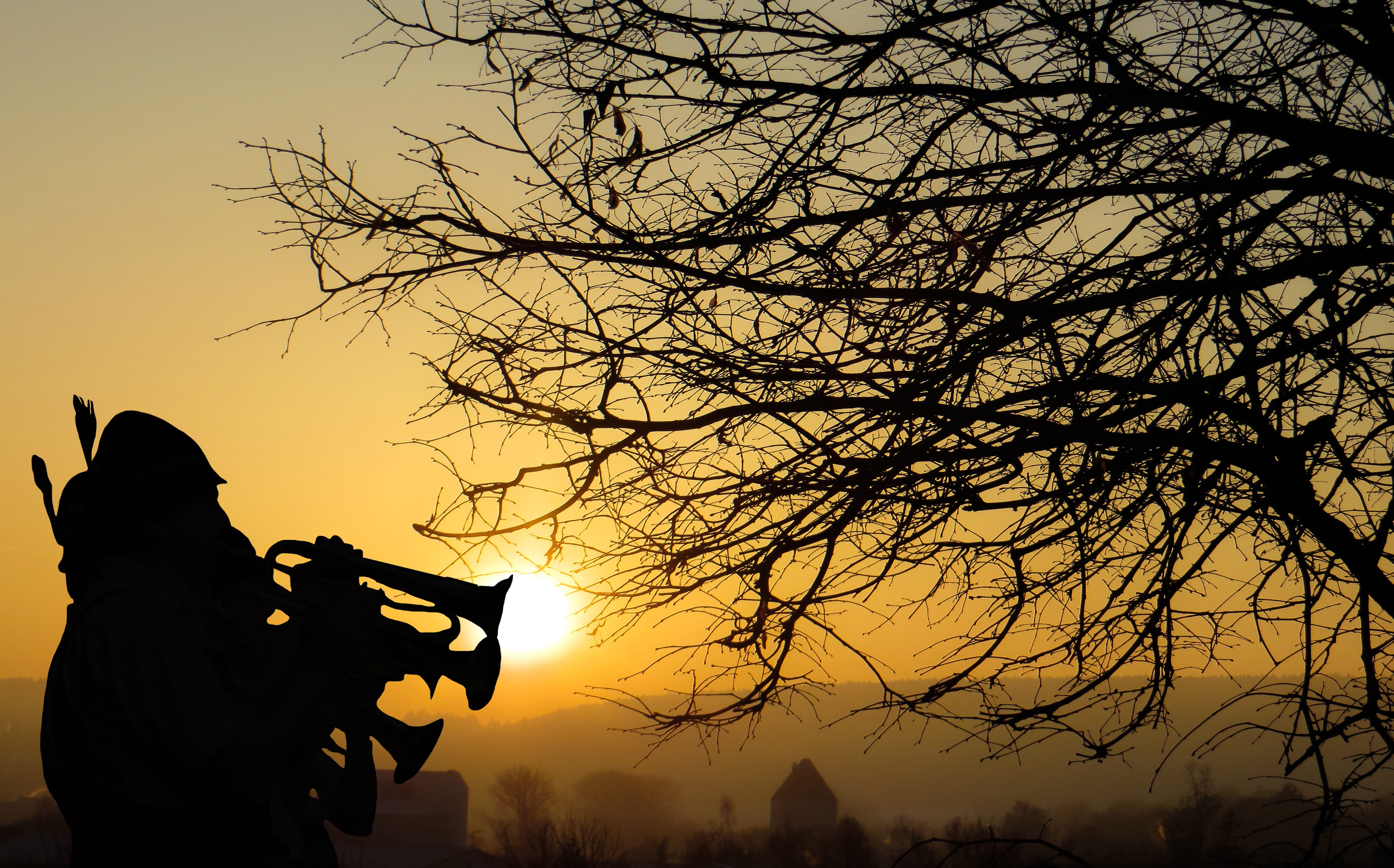 weapon, lifestyles, two, orange color, beauty in nature, trombone, landscape, architecture, tree, photo, wind, brass band, dawn, outdoors, activity, real people, HD Wallpaper