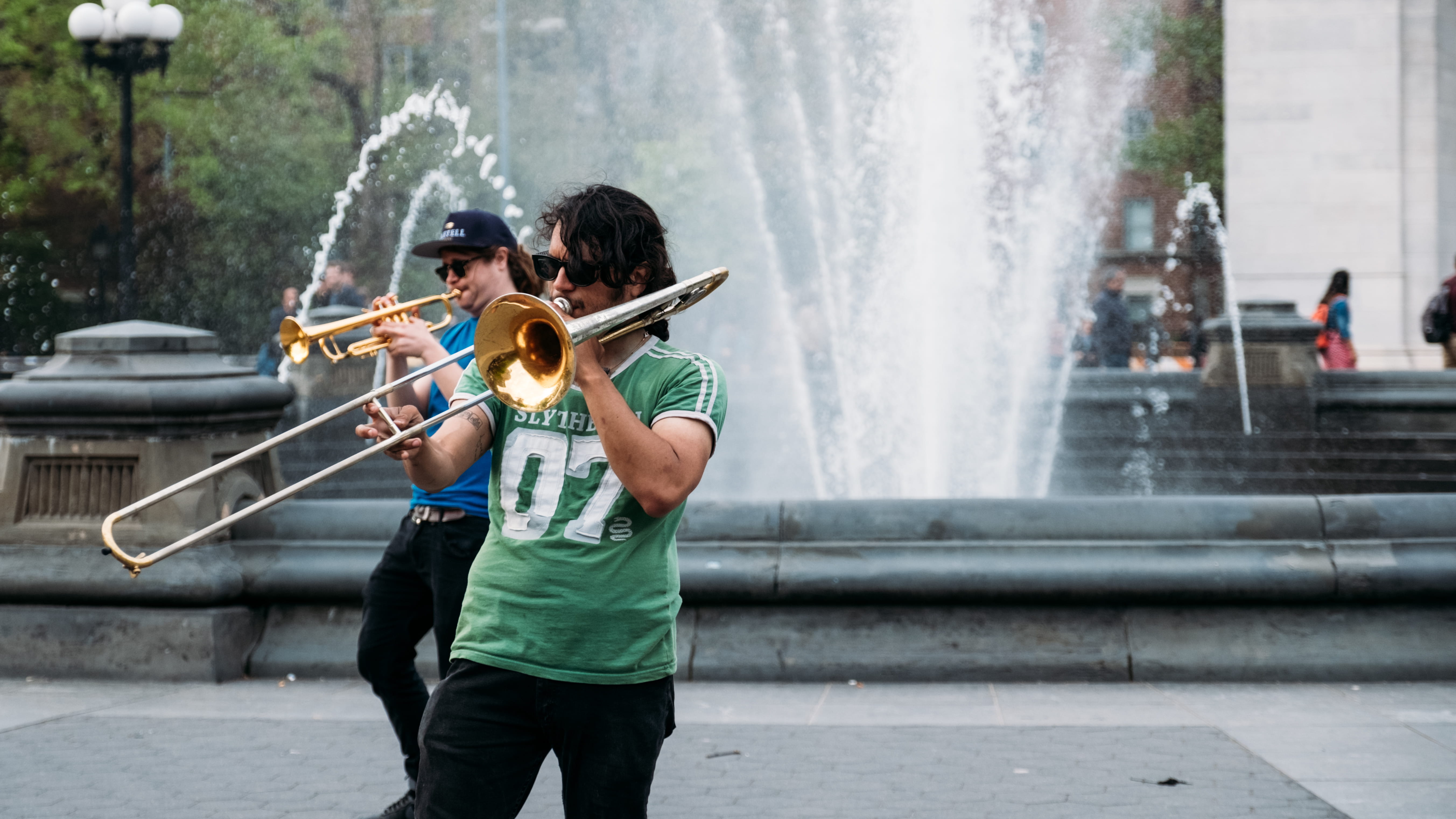 water, crowd, spraying, real people, horn, 5K, men, nature, young adult, two people, accessories, lifestyles, trombone, young men, person, couple - relationship, HD Wallpaper