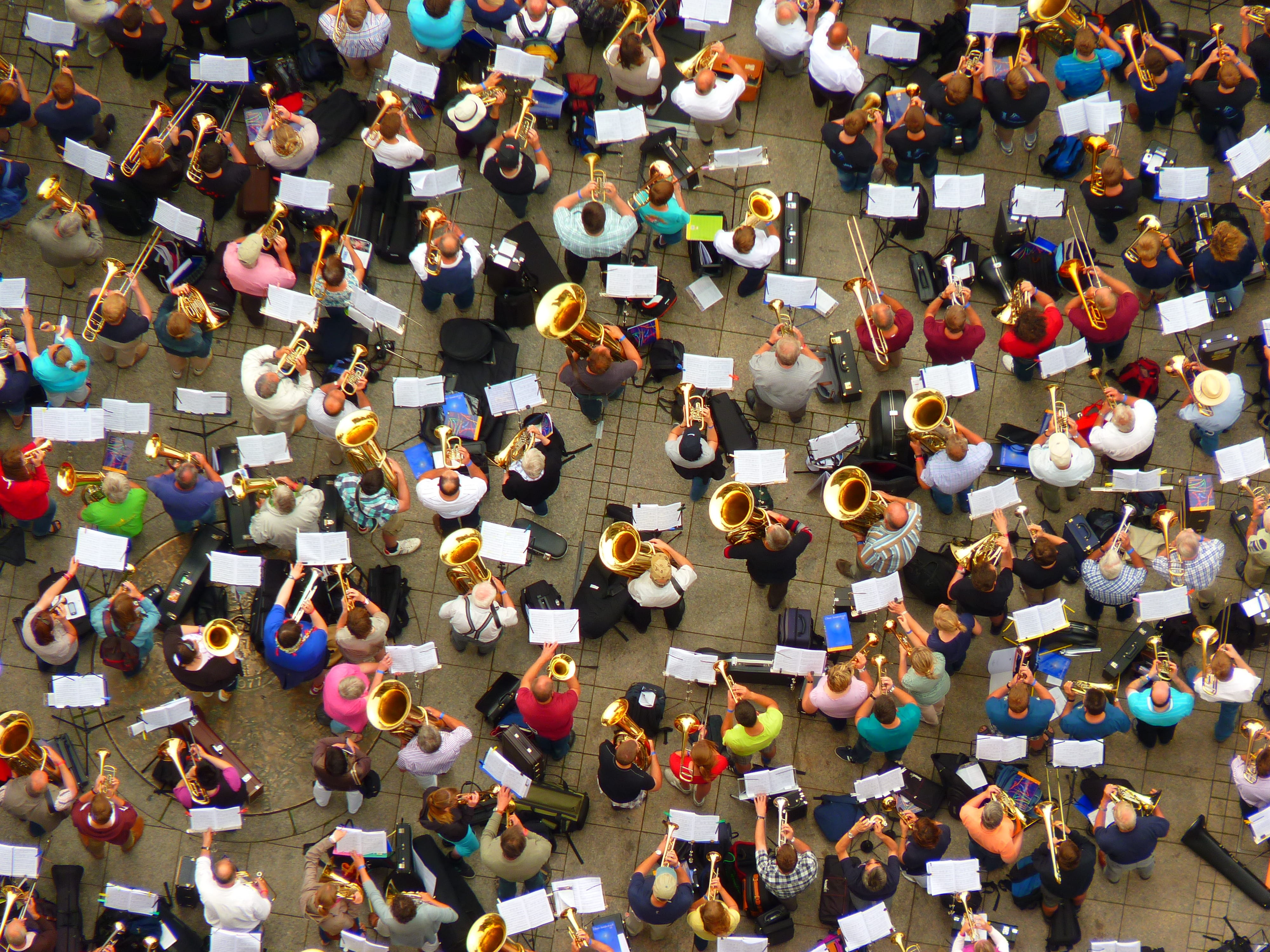 people, abundance, Trombone, women, group, mixed age range, togetherness, aerial, Musicians, trombone day, crowd, many, market, Day, Human, men, adult, HD Wallpaper