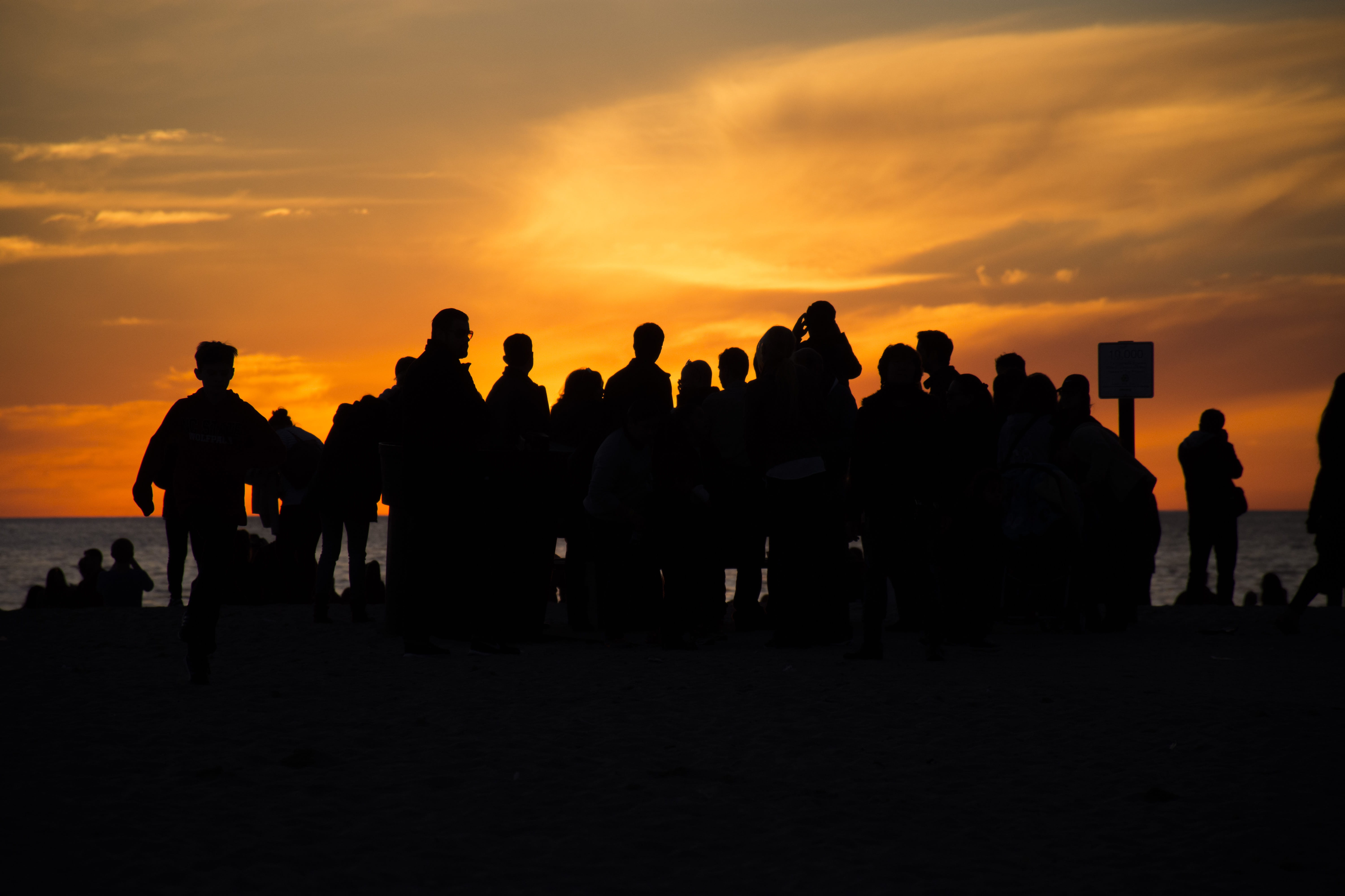santa monica, orange color, men, sky, united states, togetherness, land, silhouette, sunset, silouette, cloud - sky, leisure activity, nature, standing, HD Wallpaper