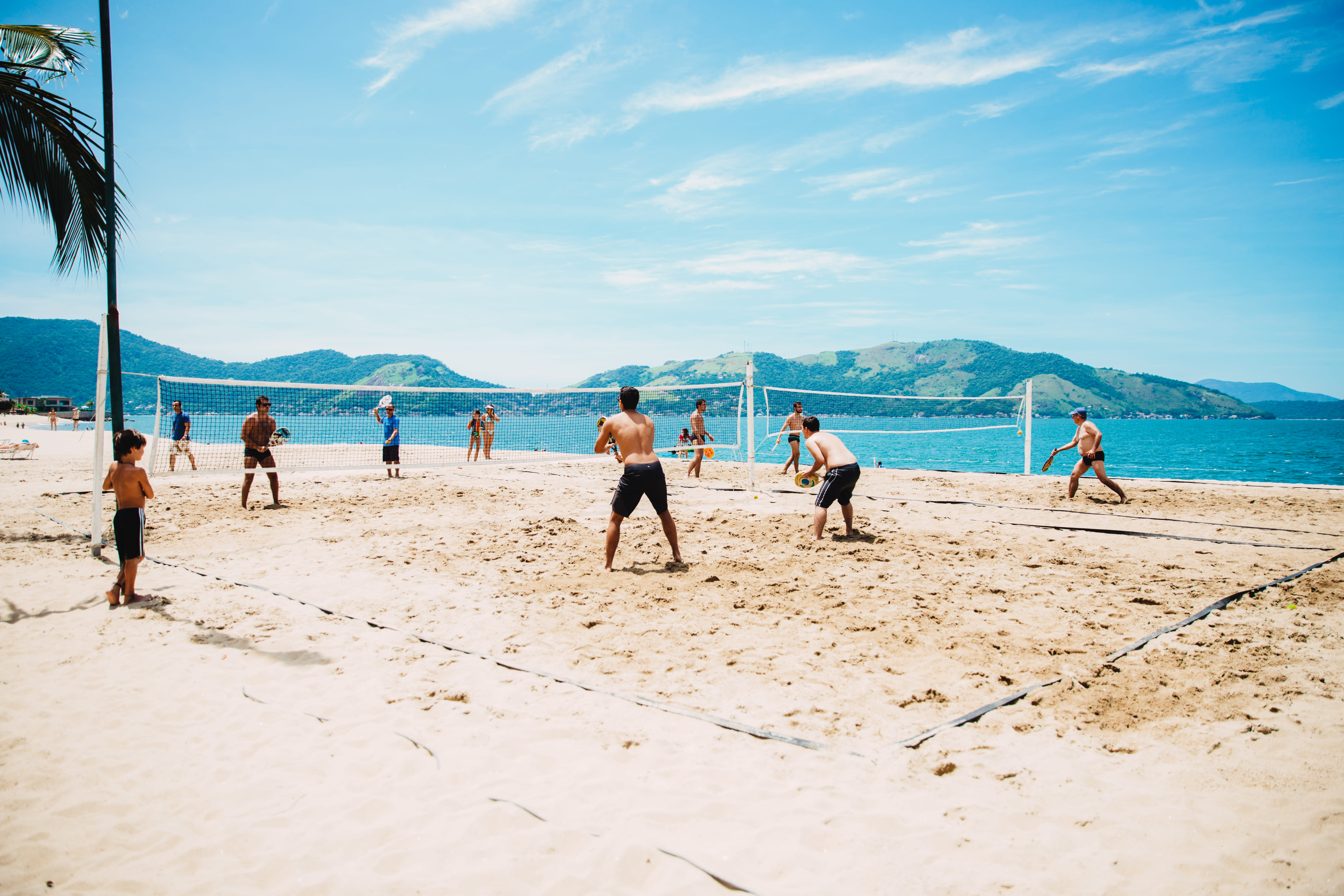 playing, trip, nature, women, 5K, sand, ball, group of people, water, medium group of people, group, adult, volley, people, sky, sea, volleyball, sport, HD Wallpaper