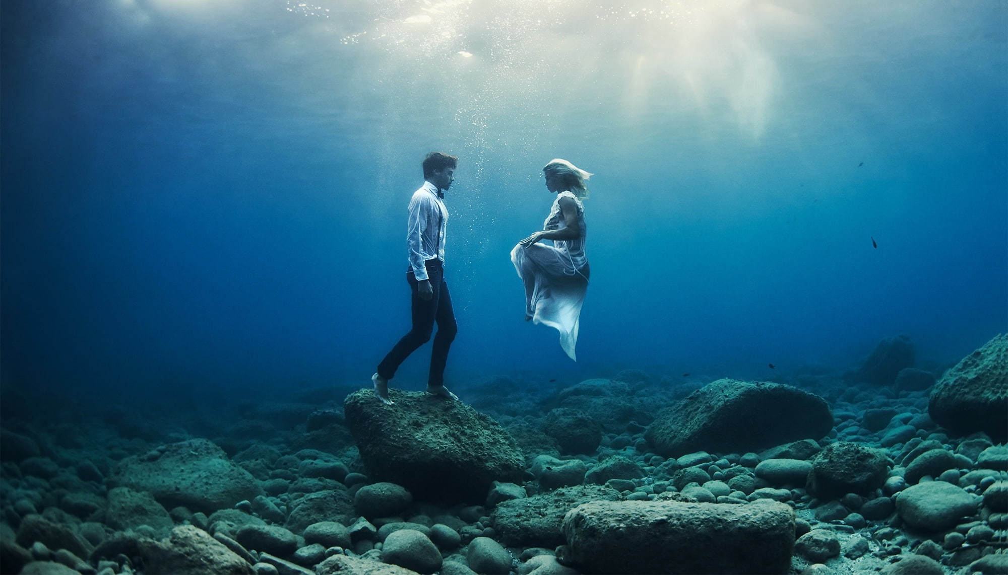 1080P, men, underwater, women, couple, sea, HD Wallpaper