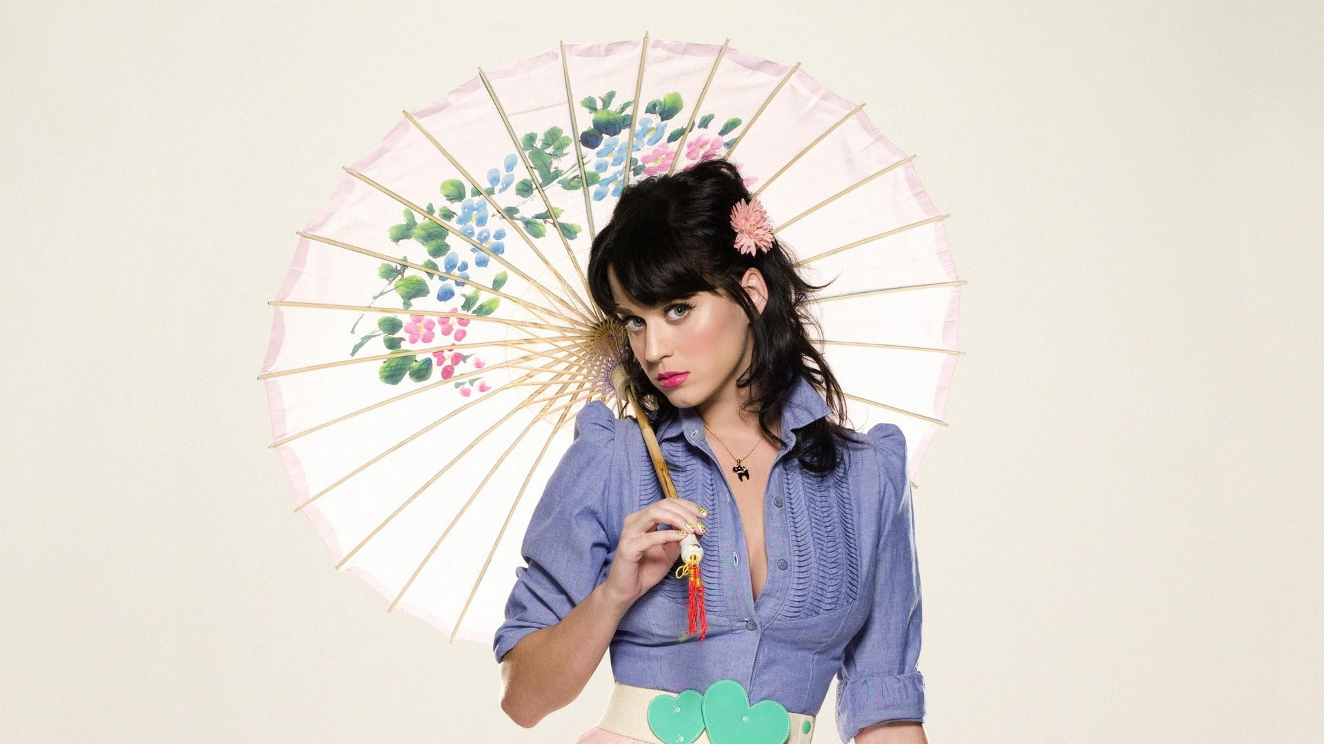 singer, Katy Perry, women, celebrity, umbrella, 1080P, simple background, necklace, HD Wallpaper