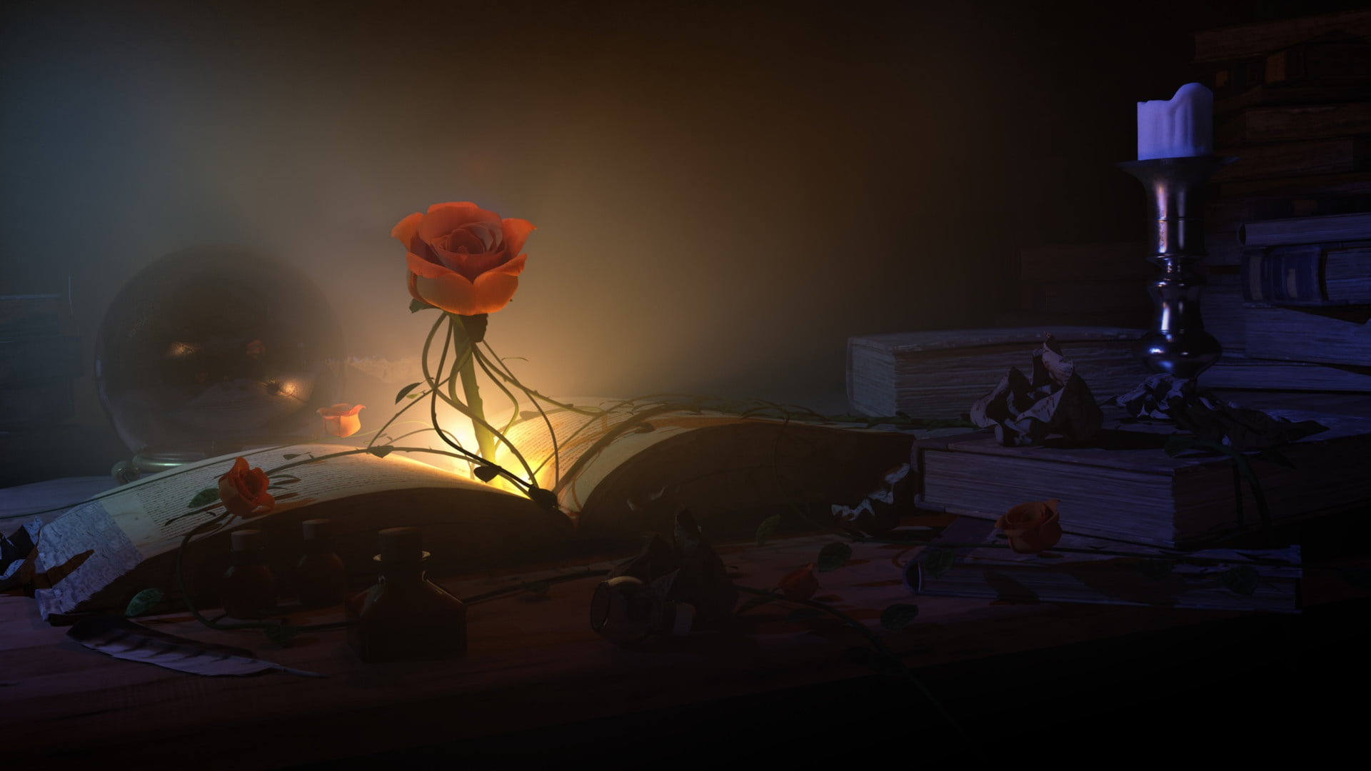 fantasy, Night in the Library, book, Kevin Baker, candle, magic, night, 1080P, art, HD Wallpaper