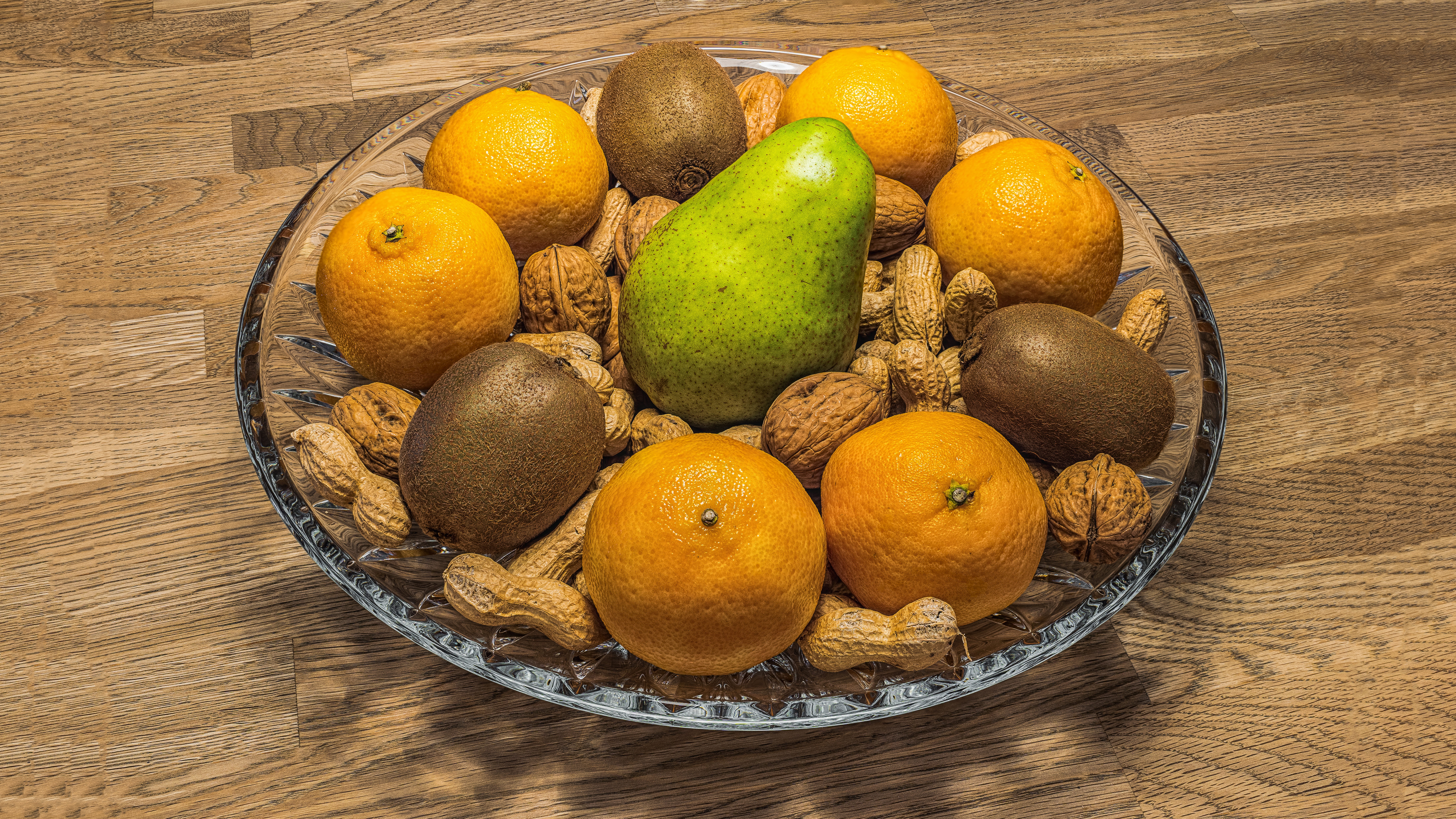 poster, indoors, wellbeing, still, green, beautiful, orange color, frisch, pear, nutrition, wood, clementines, walnut, glass, assorted, food, fruit bowl, HD Wallpaper