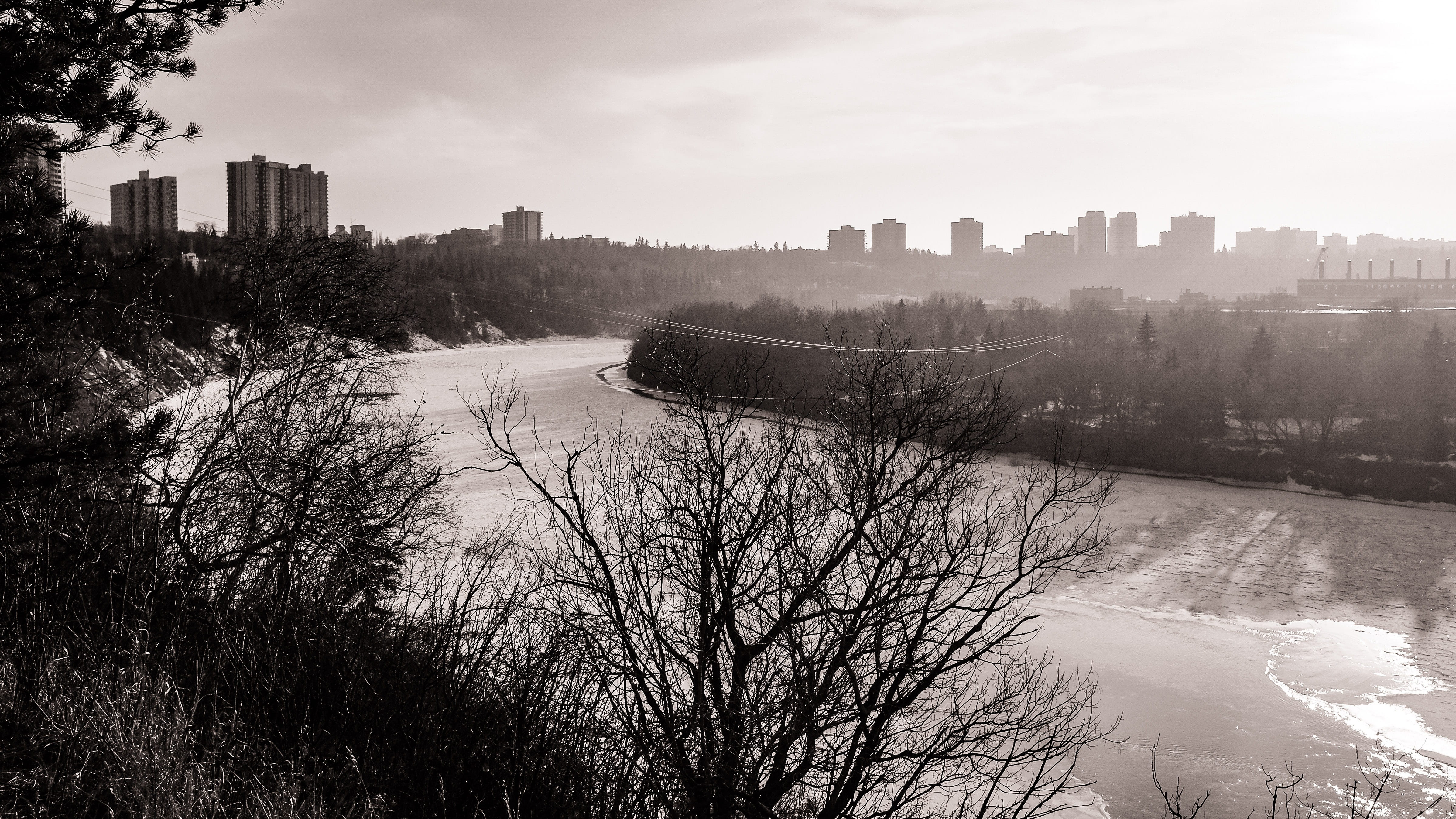 edmonton, sky, plant, river, city life, 4K, office building exterior, building, city, nature, building exterior, black and white, cityscape, built structure, HD Wallpaper