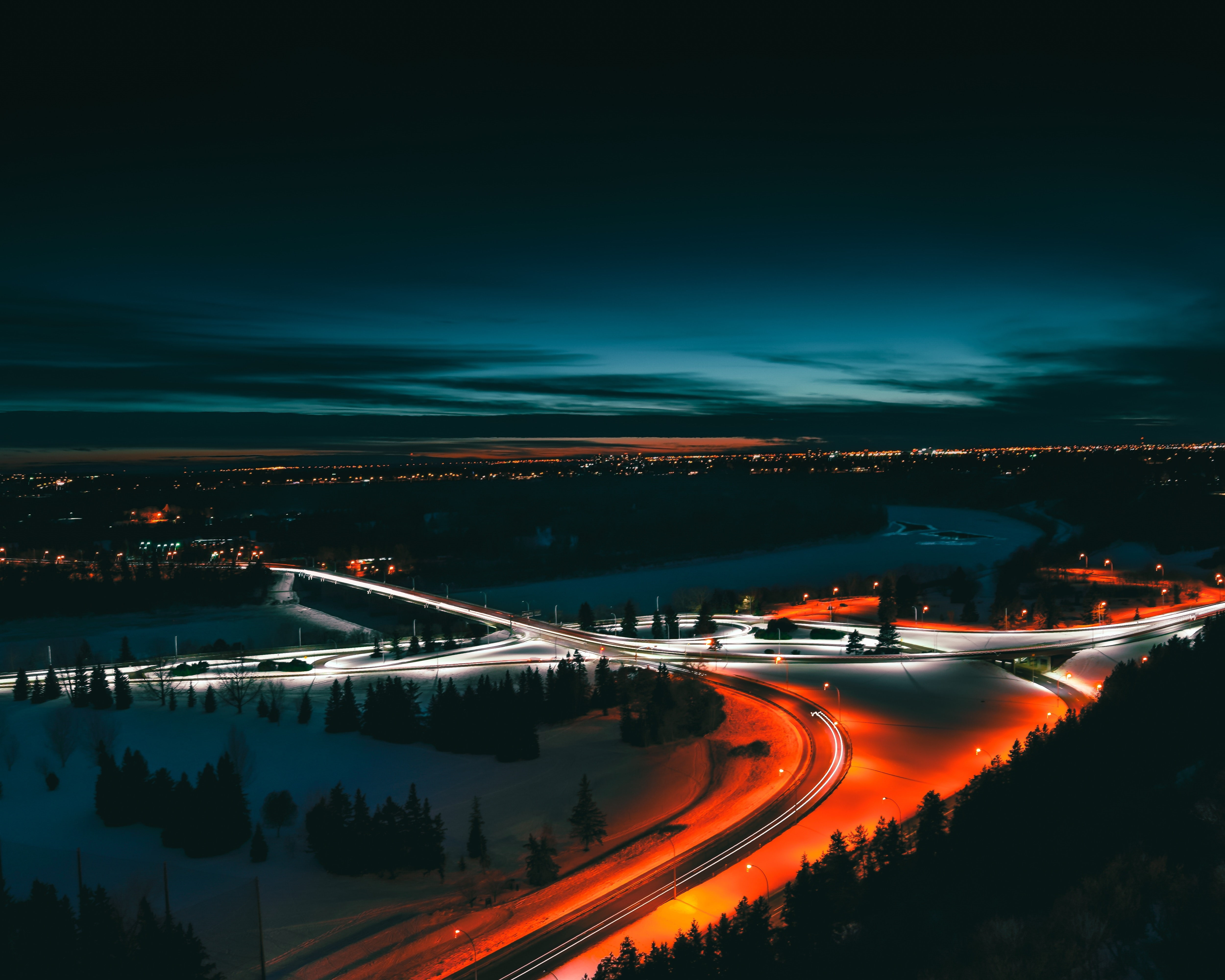 architecture, beauty in nature, city, light trail, Canada, motion, Top view, illuminated, long exposure, water, outdoors, high angle view, night, no people, HD Wallpaper