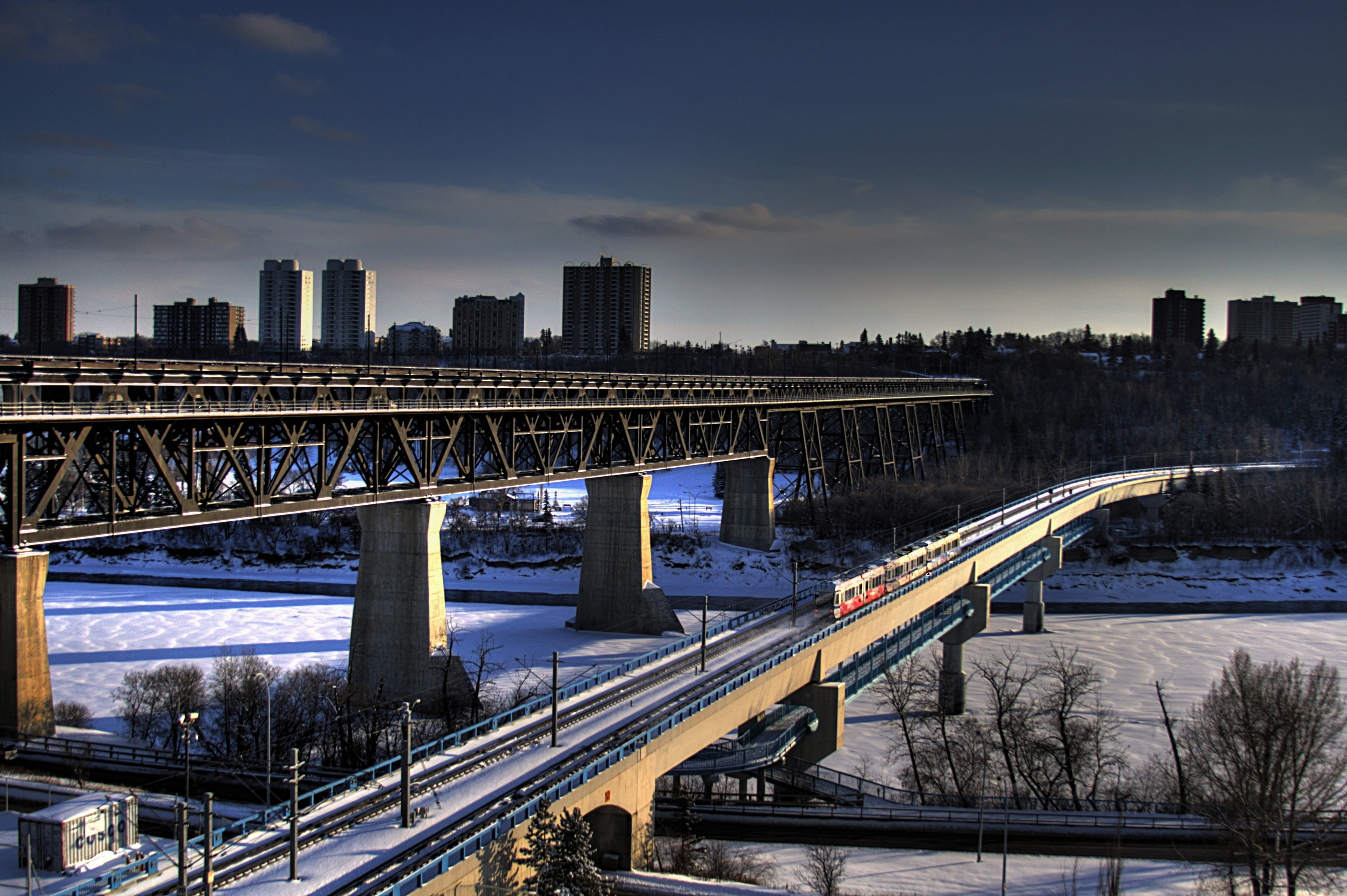 bridges, ice, track, landscape, snow, sky, canada, buildings, cityscape, nature, river, transportation, winter, train, edmonton, no people, cloud - sky, HD Wallpaper