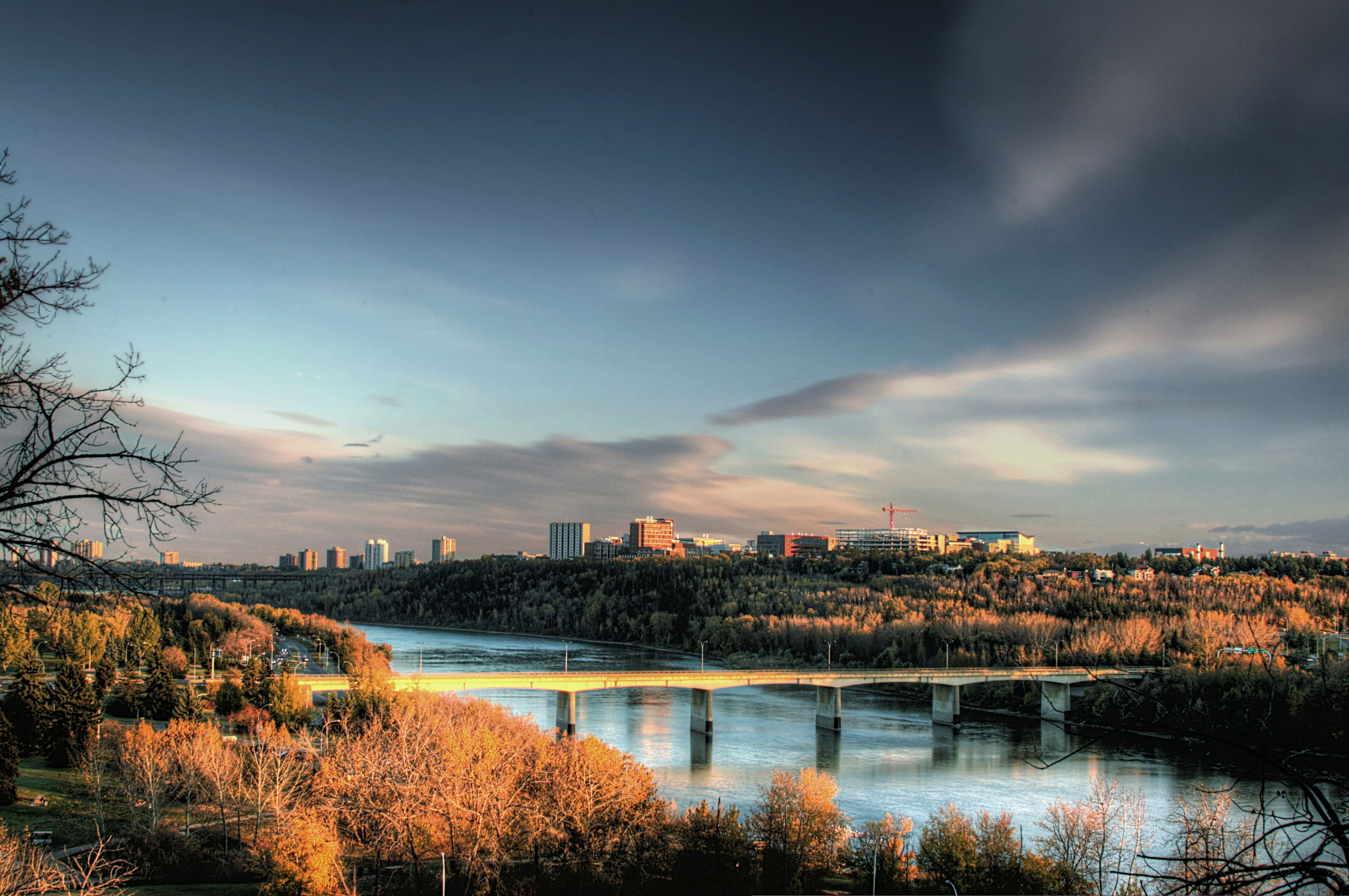 cities, river, countryside, bridge, outdoors, outside, canada, sunset, water, 4K, reflections, tree, cityscape, nature, country, cloud - sky, autumn, sky, HD Wallpaper