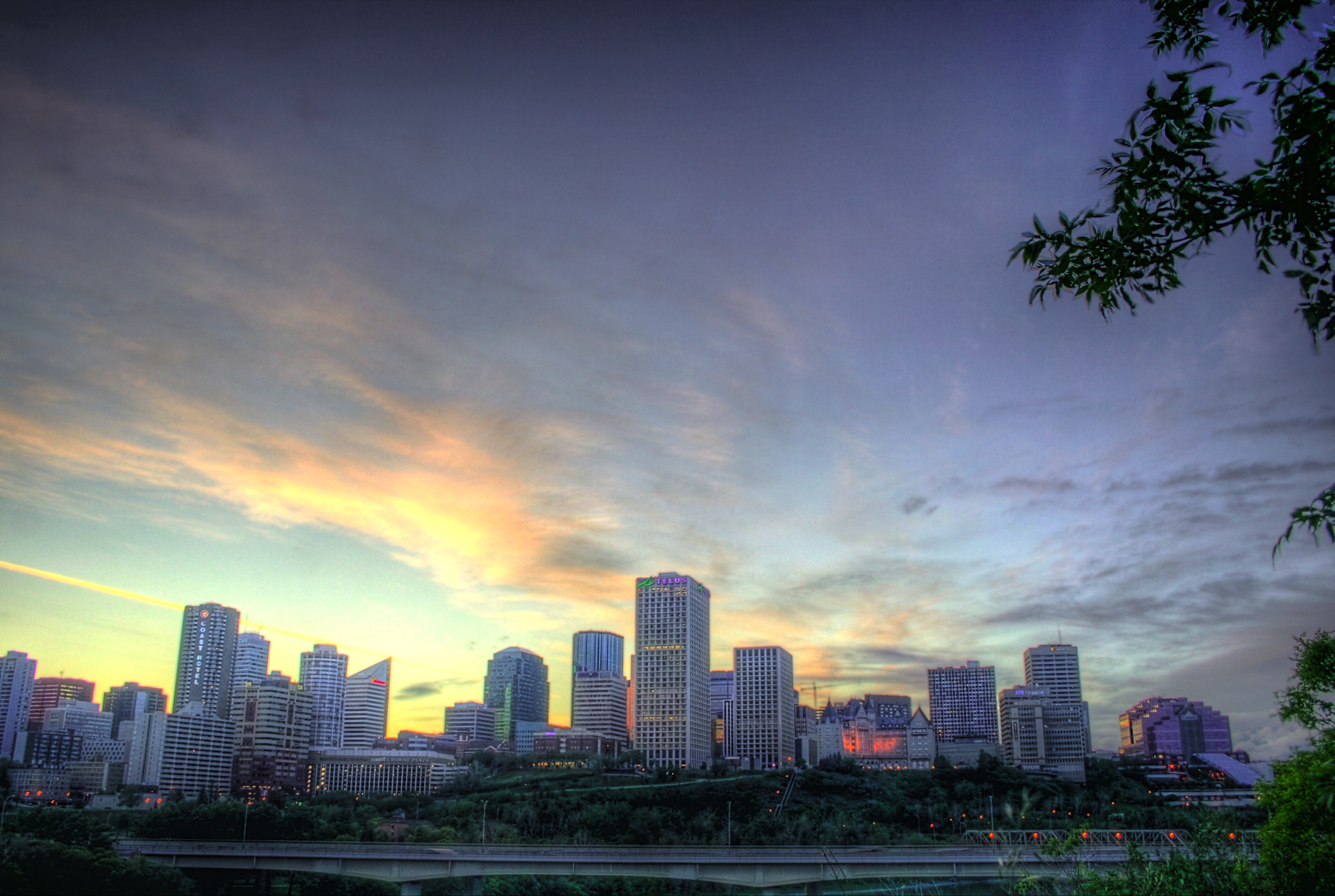 cityscape, city life, edmonton, office building exterior, 4K, lights, cities, clouds, evening, skyscrapers, nature, tree, tall - high, sky, outdoors, building exterior, HD Wallpaper