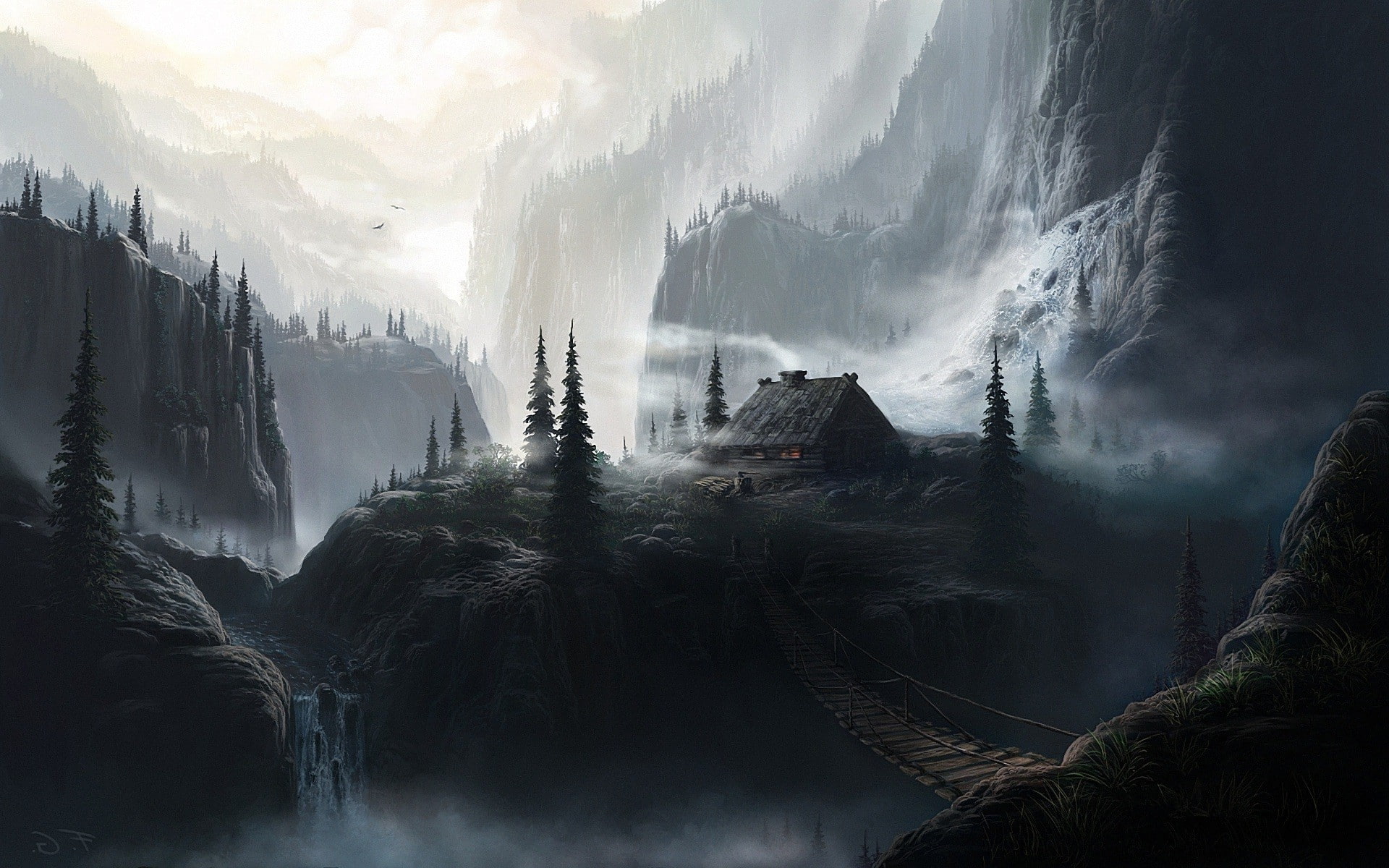 tranquility, landscape, winter, fantasy art, cabin, forest, bridge, plant, fog, mountain, beauty in nature, travel, scenics - nature, mountain range, nature, HD Wallpaper
