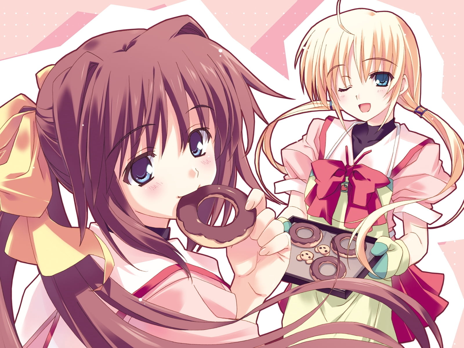  tray, still life, childhood, women, costume, 720P, haruno yume, tierra moreni, table, disguise, art and craft, eating, people, wink, high angle view, HD Wallpaper