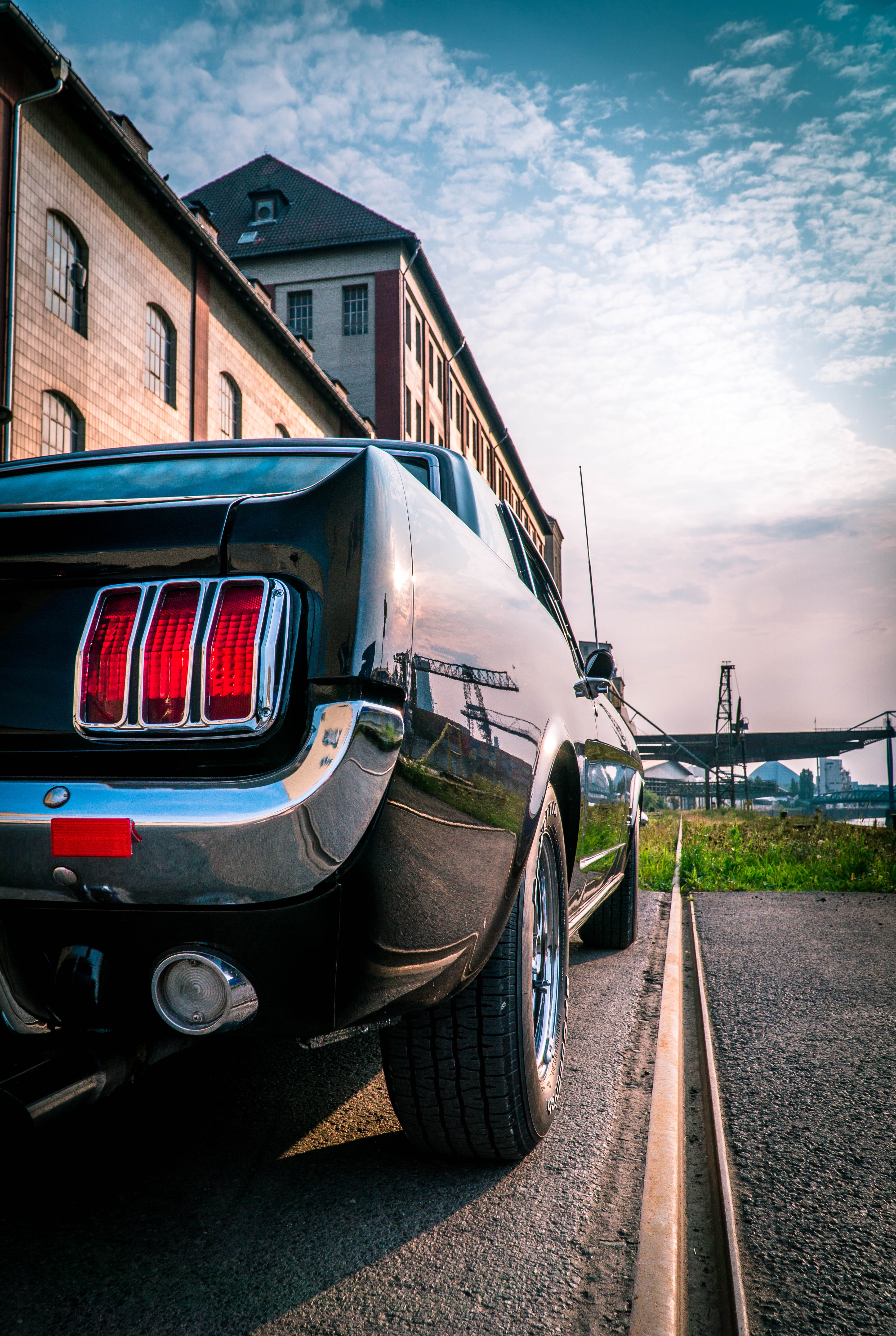 mustang, urban, sky, shape, backlights, stationary, trafffic, professional, wheel, speed, light, lights, fast, definition, back, building exterior, color, Phone HD Wallpaper