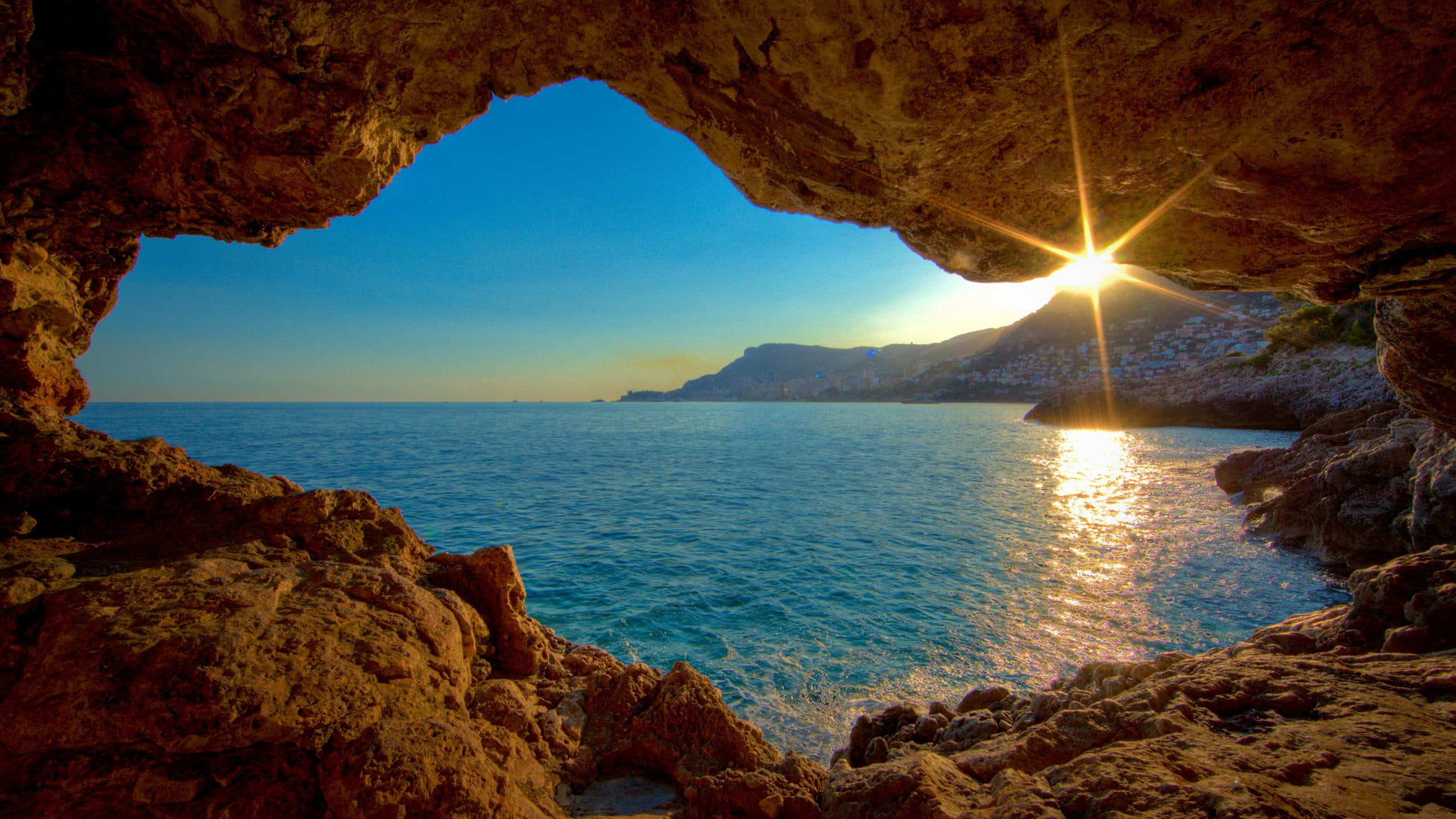rocks, azur, mountain, blue, ocean, sunlight, awsome, nature, body, 3d and ab, beautiful, 2K, cote, d, sunset, monaco, amazing, water, HD Wallpaper
