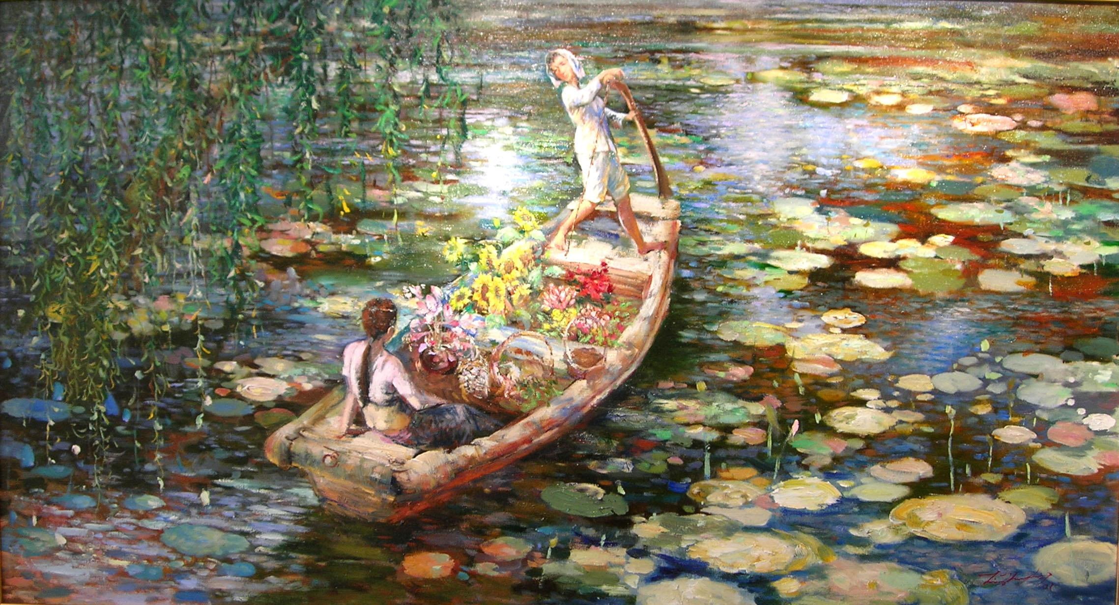 grasses, marsh, 3d and ab, water paddles, nature, boat, 1080P, enjoying, liboat, ride, lovers, girl, flowers, HD Wallpaper