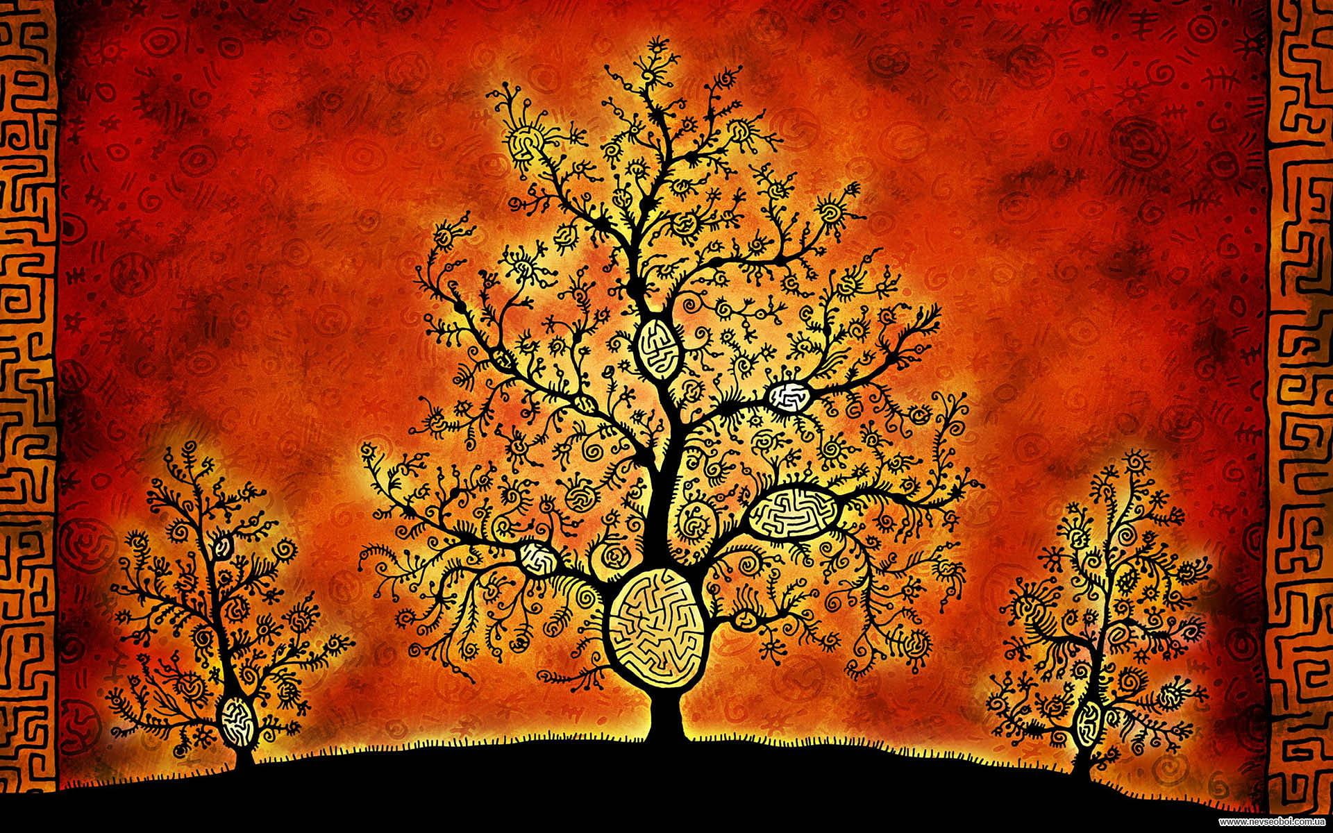 tree, trees, yellow, colorful, red, artwork, 3d and ab, pretty, work, painting, abstract, magical, beautiful, 1080P, lovely, HD Wallpaper