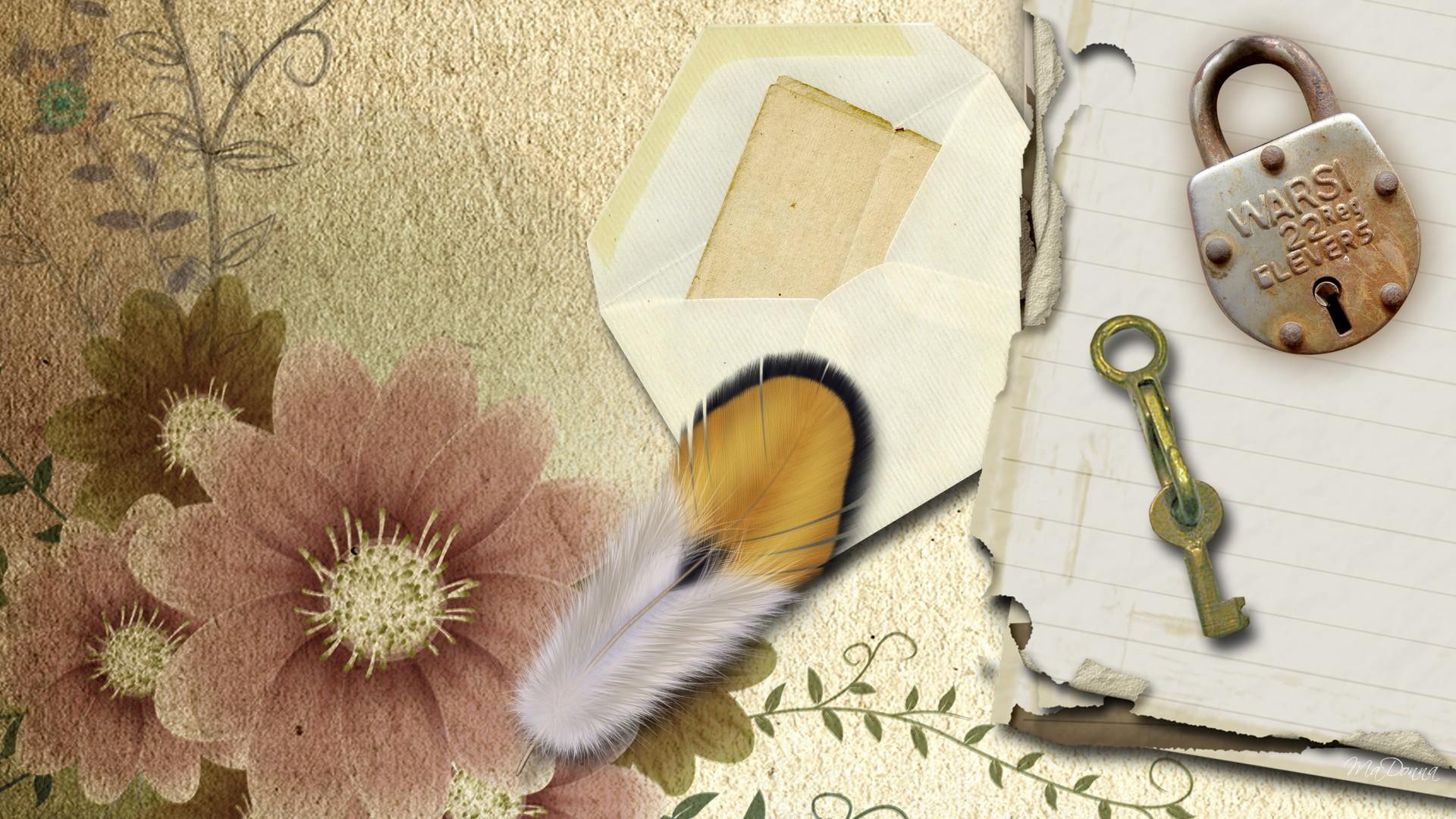paper, flowers, antique, keep, feather, envelope, firefox persona, padlock, vintage, secrets, 1080P, 3d and abs, HD Wallpaper