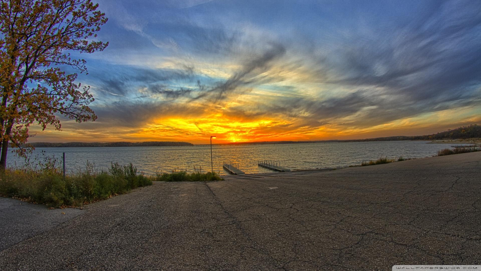 light, nature and landscapes, sunset, lake, 1080P, clouds, ramp, guiding, HD Wallpaper